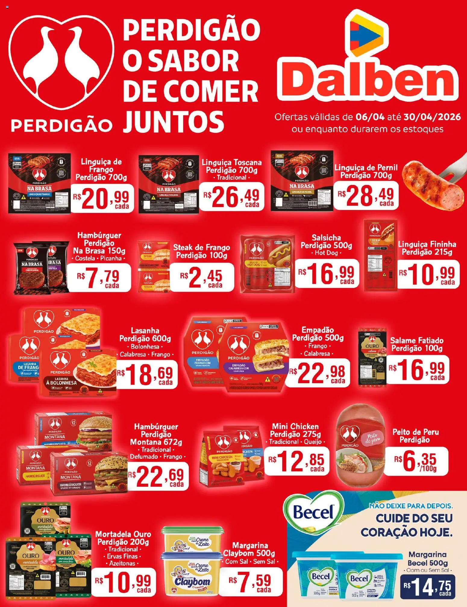 Supermercado Dalben Folheto - válido de 06.04.2026 | Página: 1 | Produtos: Linguiça, Peito de peru, Lasanha, Margarina