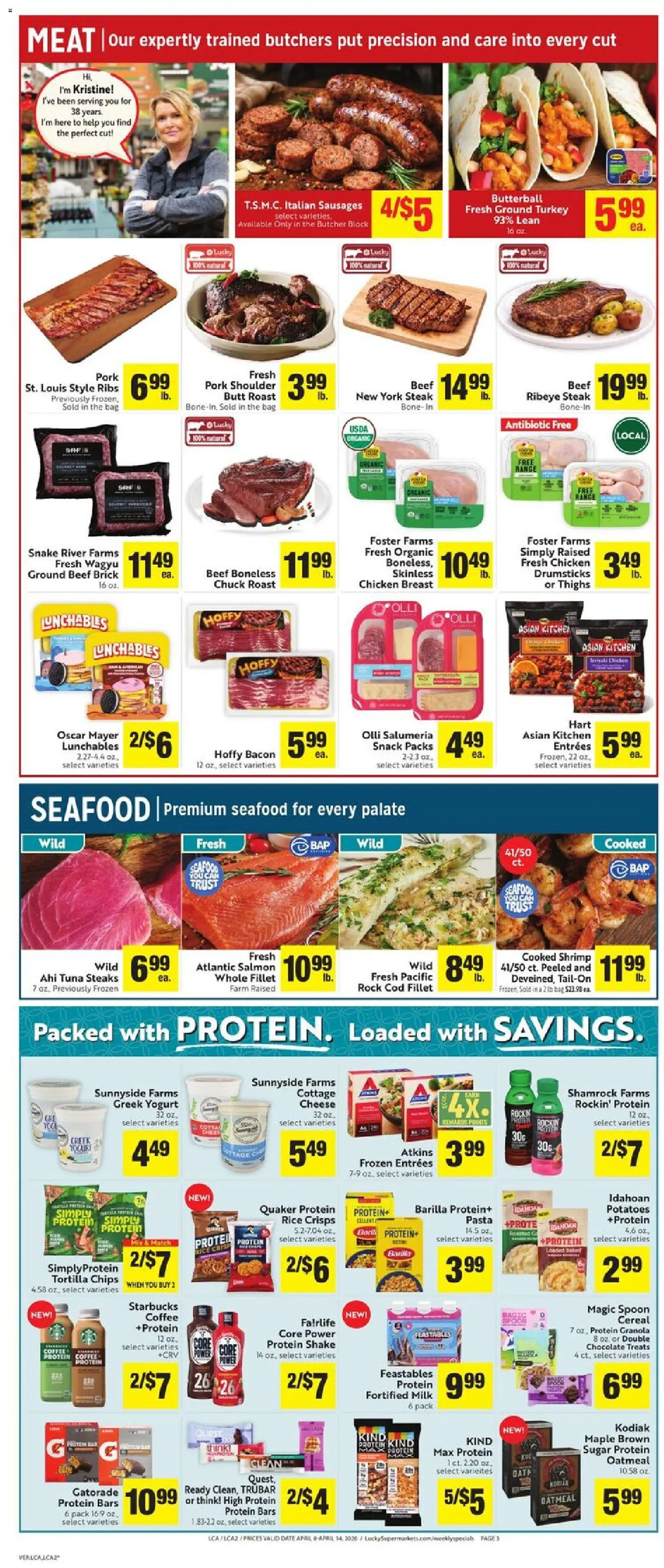 Lucky Supermarkets Weekly - CA - valid from 08.04.2026 | Page: 3 | Products: Cheese, Rice, Pasta, Seafood