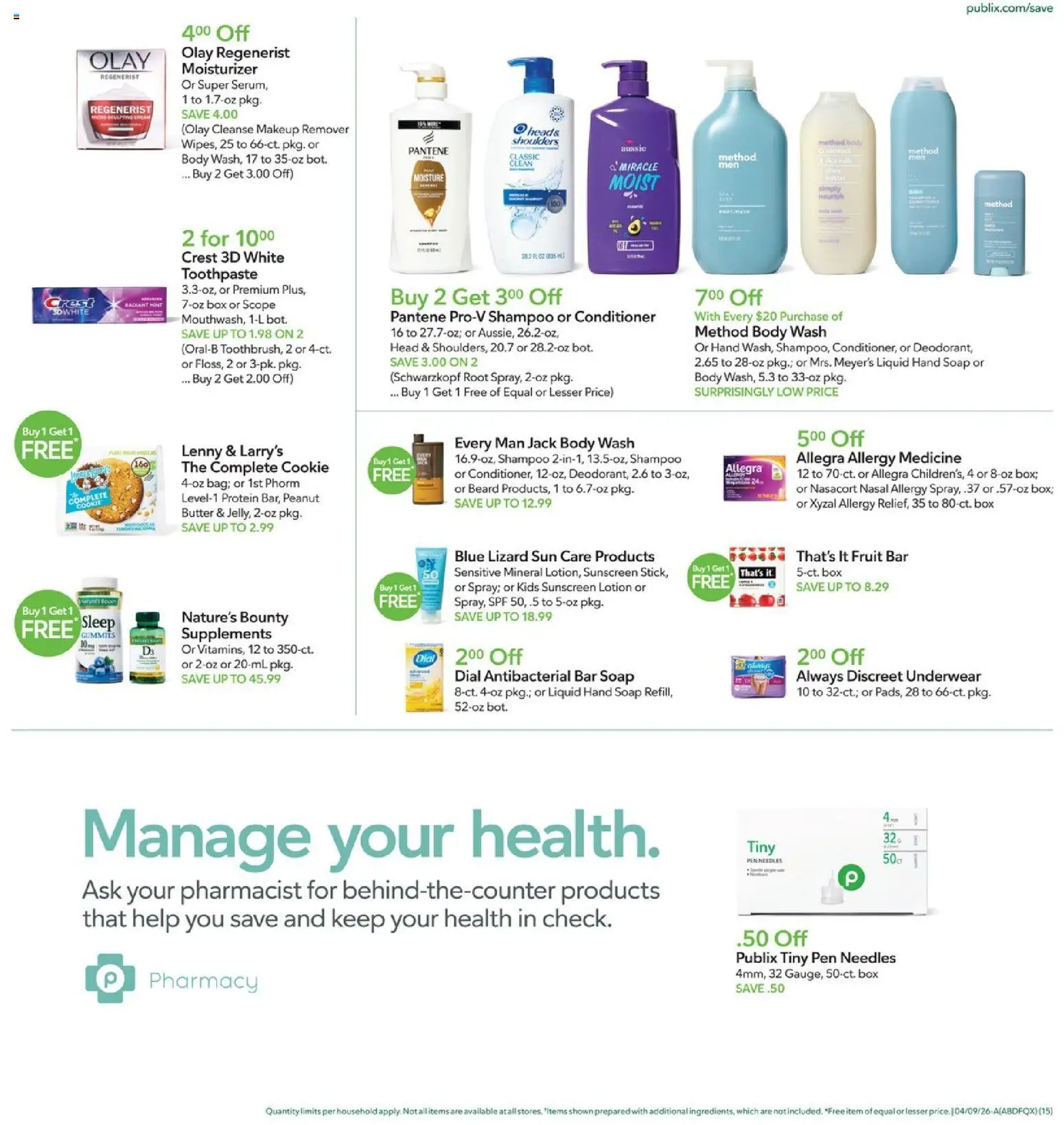 Publix Weekly Ad - valid from 08.04.2026 | Page: 15 | Products: Shampoo, Conditioner, Sunscreen, Body Wash