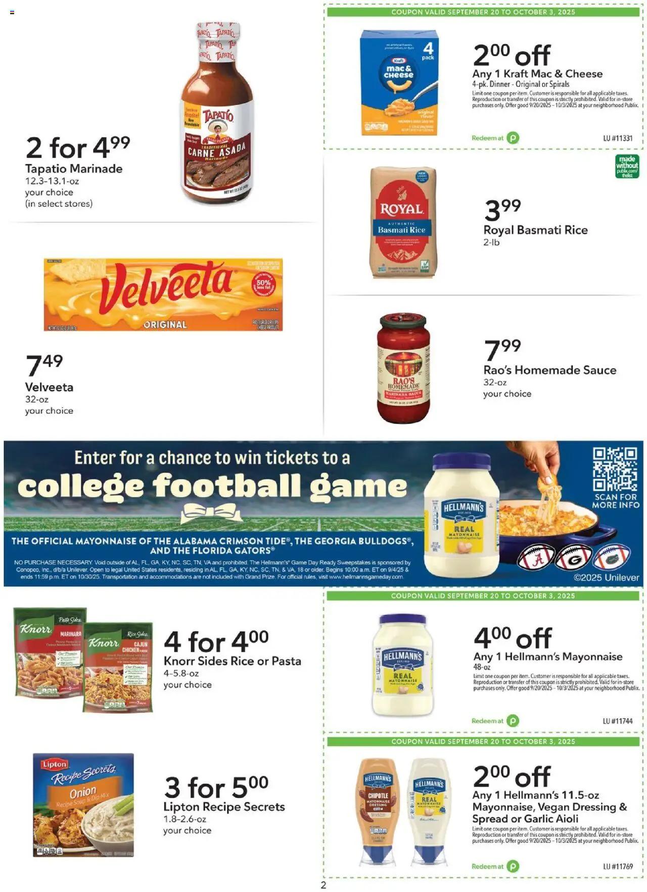 Publix Extra Savings - valid from 20.09.2025 | Page: 2 | Products: Cheese, Pasta, Mayonnaise, Garlic