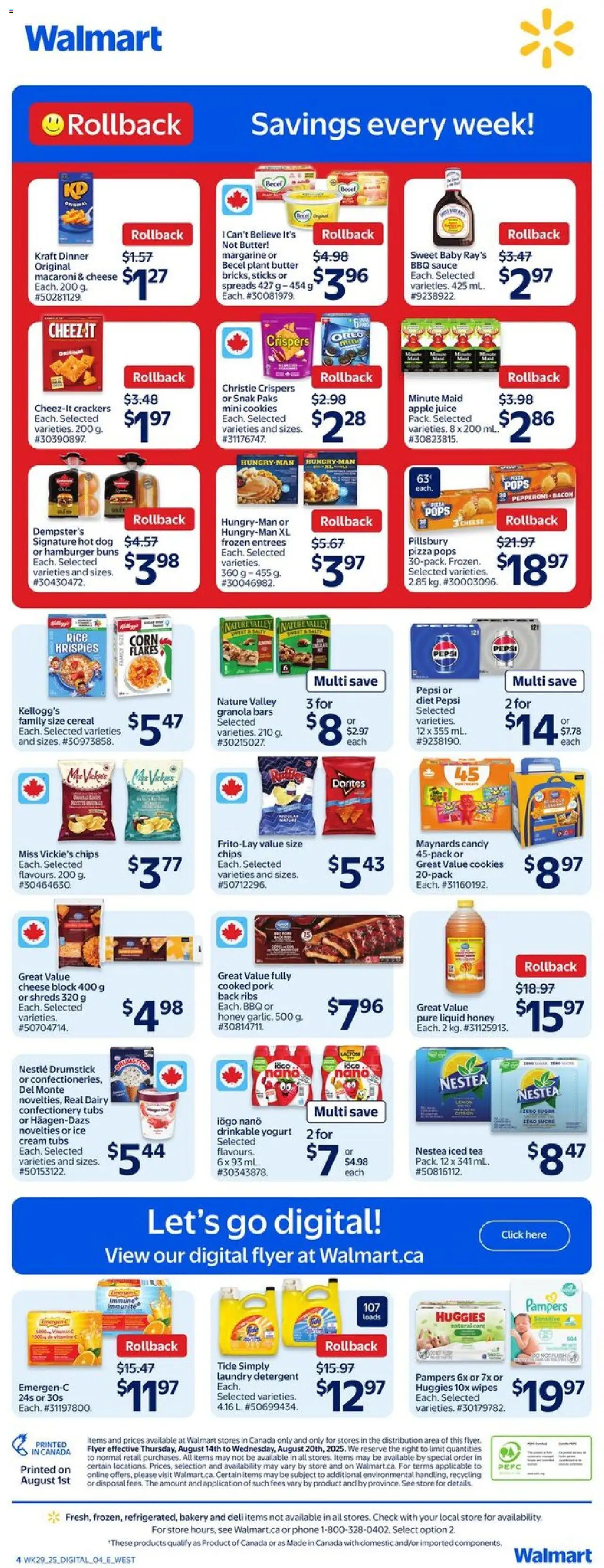 Walmart flyer valid from 14.08.2025 | Page: 2 | Products: Cookies, Detergent, Juice, Pork
