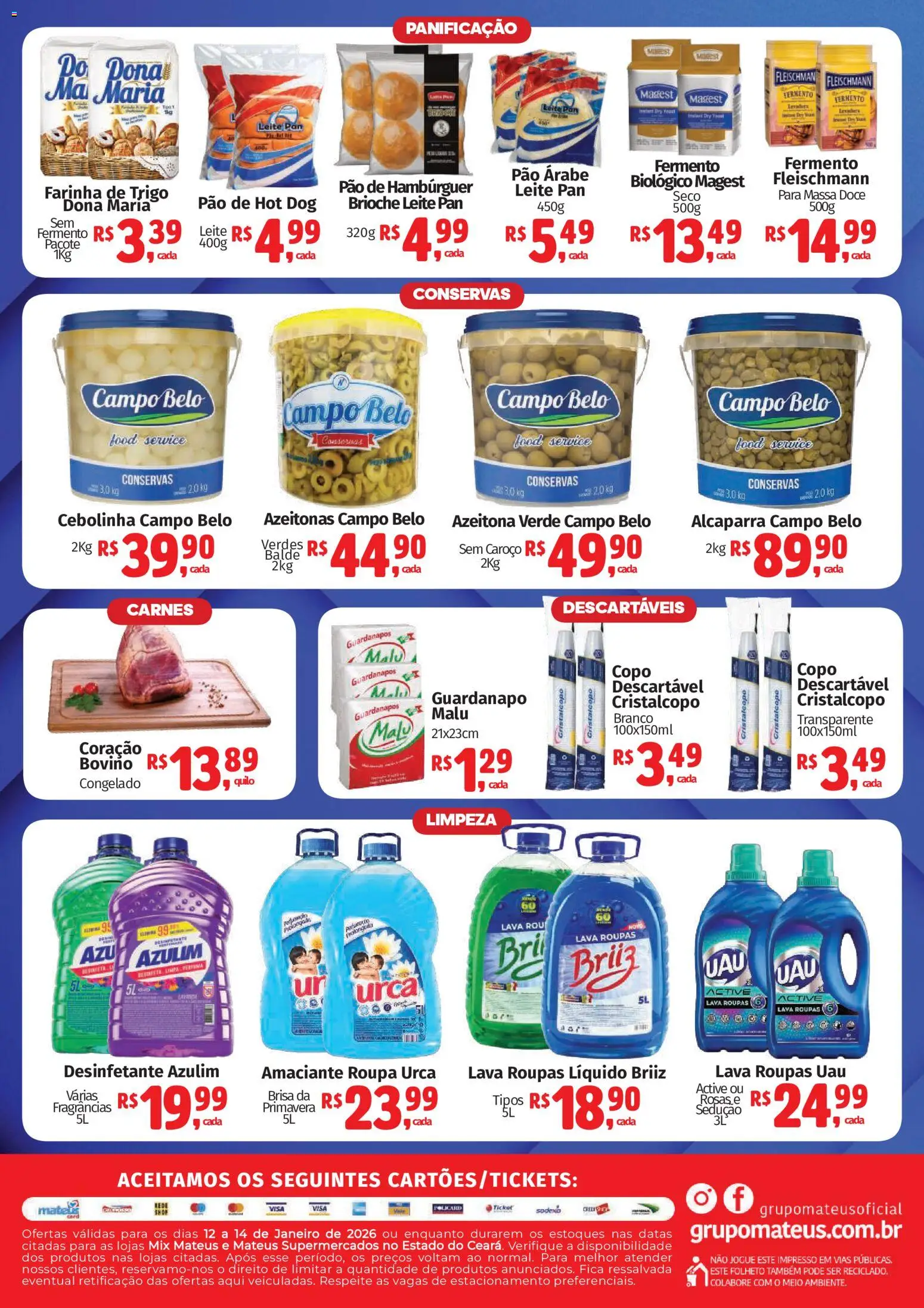 Mateus Folheto - válido de 12.01.2026 | Página: 2 | Produtos: Farinha de trigo, Leite, Hambúrguer, Balde