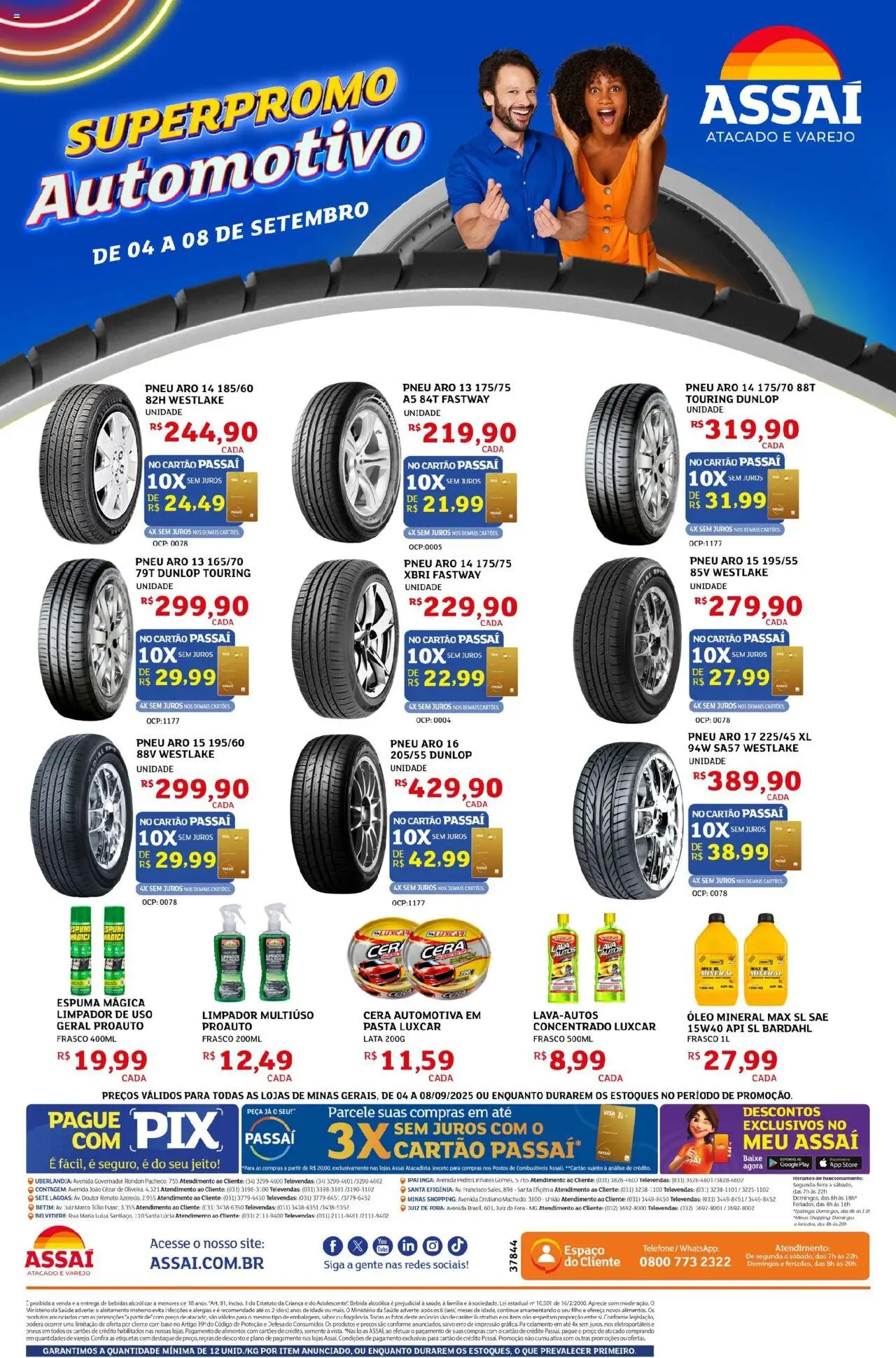 Assaí Atacadista Folheto - válido de 04.09.2025 | Página: 1 | Produtos: Pneu, Limpador multiuso, Óleo, Pasta