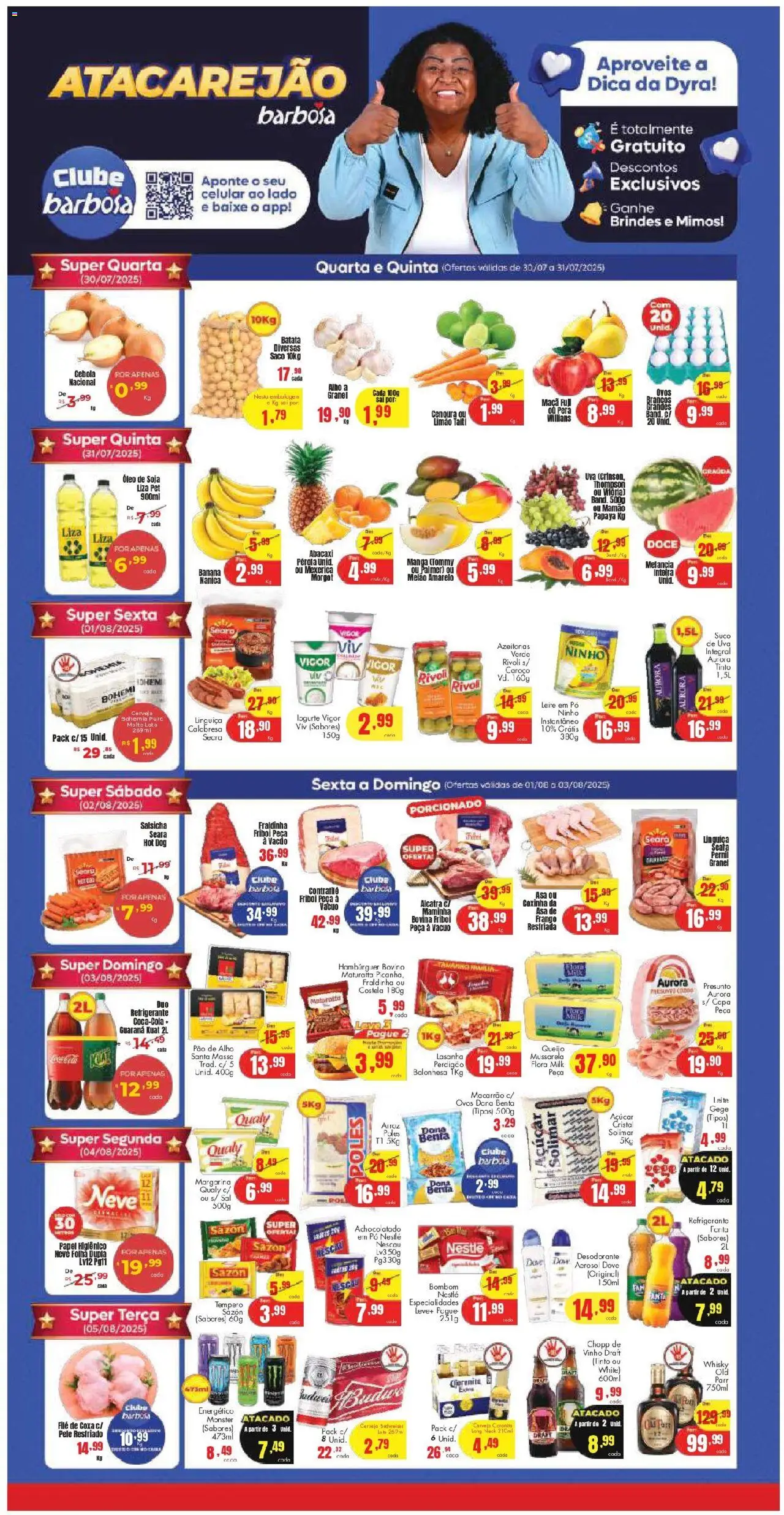 Barbosa Supermercados Folheto - válido de 30.07.2025 | Página: 1 | Produtos: Cenoura, Hambúrguer, Frango, Bombom