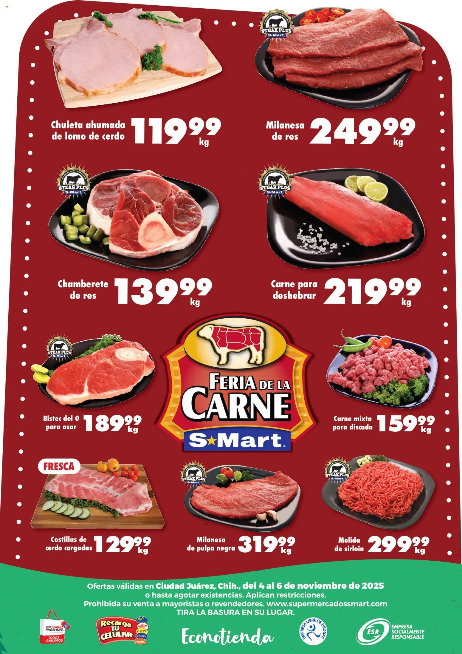 Nuevas ofertas de S-Mart válidas en toda la República Mexicana desde el 04.11.2025. ¡Encuentra las mejores ofertas en S-Mart folleto Juárez! | Página: 6 | Productos: Milanesa, Cerdo, Res