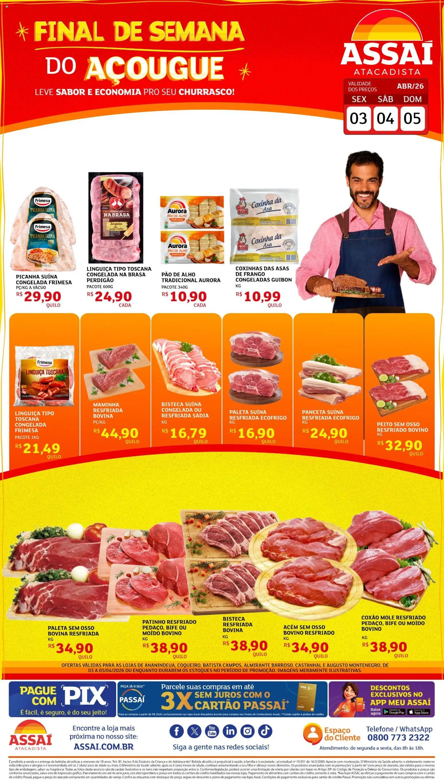 Assaí Atacadista Folheto - válido de 03.04.2026 | Página: 1 | Produtos: Alho, Queijo, Pão, Telefone