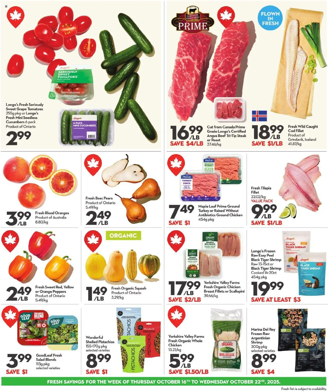 Longo's flyer valid from 16.10.2025 | Page: 4 | Products: Turkey, Chicken, Oranges, Tomatoes