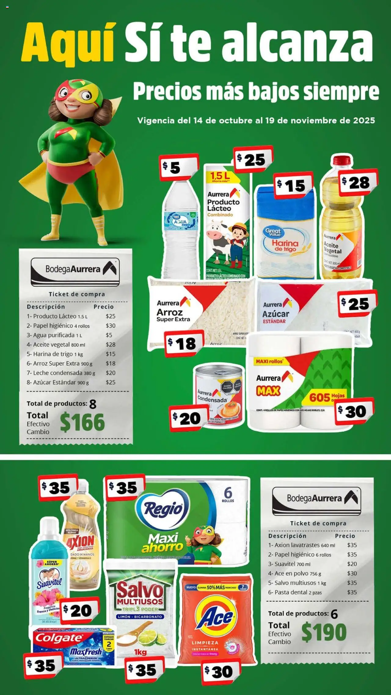 Nuevas ofertas de Bodega Aurrerá válidas en toda la República Mexicana desde el 14.10.2025. ¡Encuentra las mejores ofertas en Bodega Aurrerá folleto Aquí Sí te Alcanza! | Página: 1 | Productos: Azúcar, Agua, Leche, Pasta