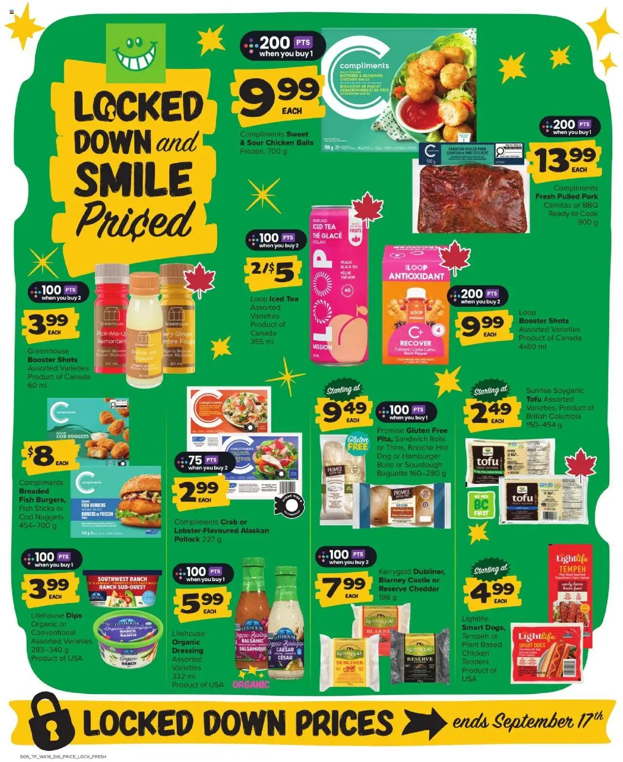 Thrifty Foods flyer valid from 14.08.2025 | Page: 14 | Products: Fish, Tea, Chicken, Pork