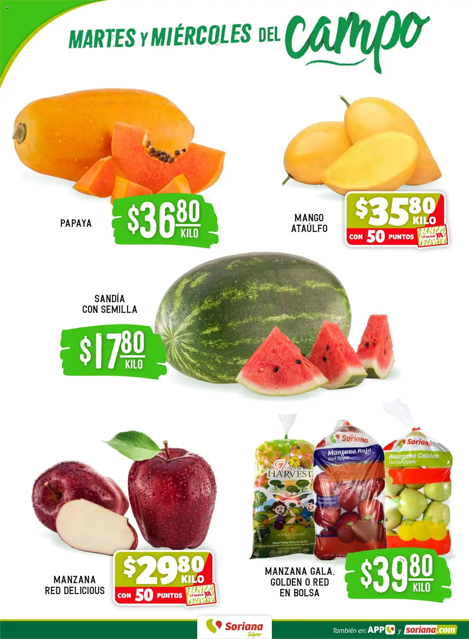 Nuevas ofertas de Soriana válidas en toda la República Mexicana desde el 07.04.2026. ¡Encuentra las mejores ofertas en Soriana Martes y Miércoles del Campo Súper: Ver, Tab, Chis, Camp, Yuc y Q. Roo! | Página: 2 | Productos: Sandía, Bolsa, Manzana, Mango