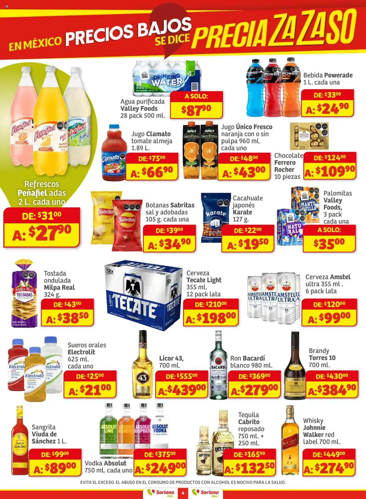 Nuevas ofertas de Soriana válidas en toda la República Mexicana desde el 16.10.2025. ¡Encuentra las mejores ofertas en Soriana - Preciazazaso Súper: Chih, Coah, Dur, NL, SLP, Tamps, Zac! | Página: 4 | Productos: Tomate, Agua, Jugo, Tequila