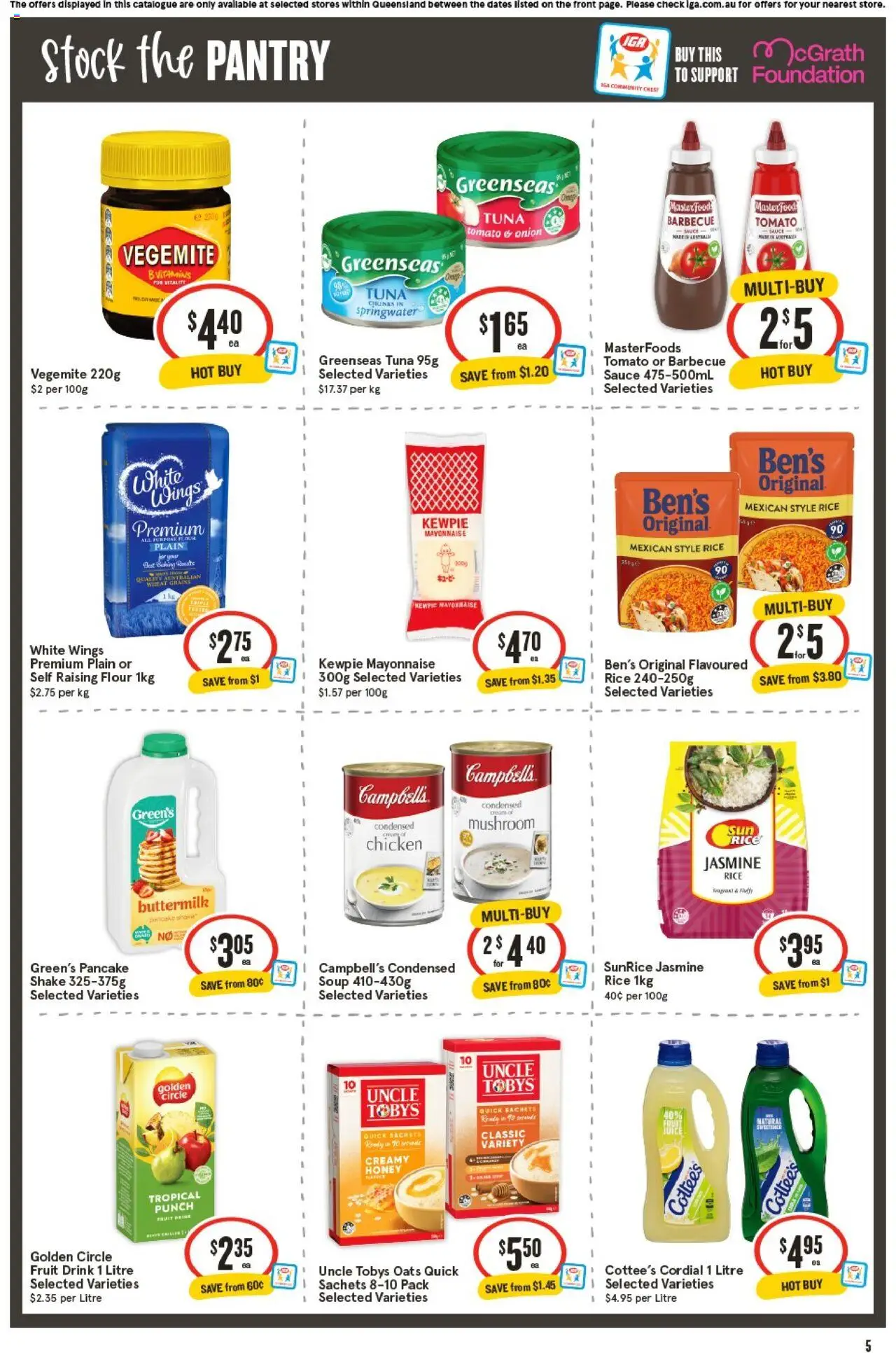 IGA catalogue - valid from 17.09.2025 | Page: 5 | Products: Oats, Sauce, Vegemite, Foundation