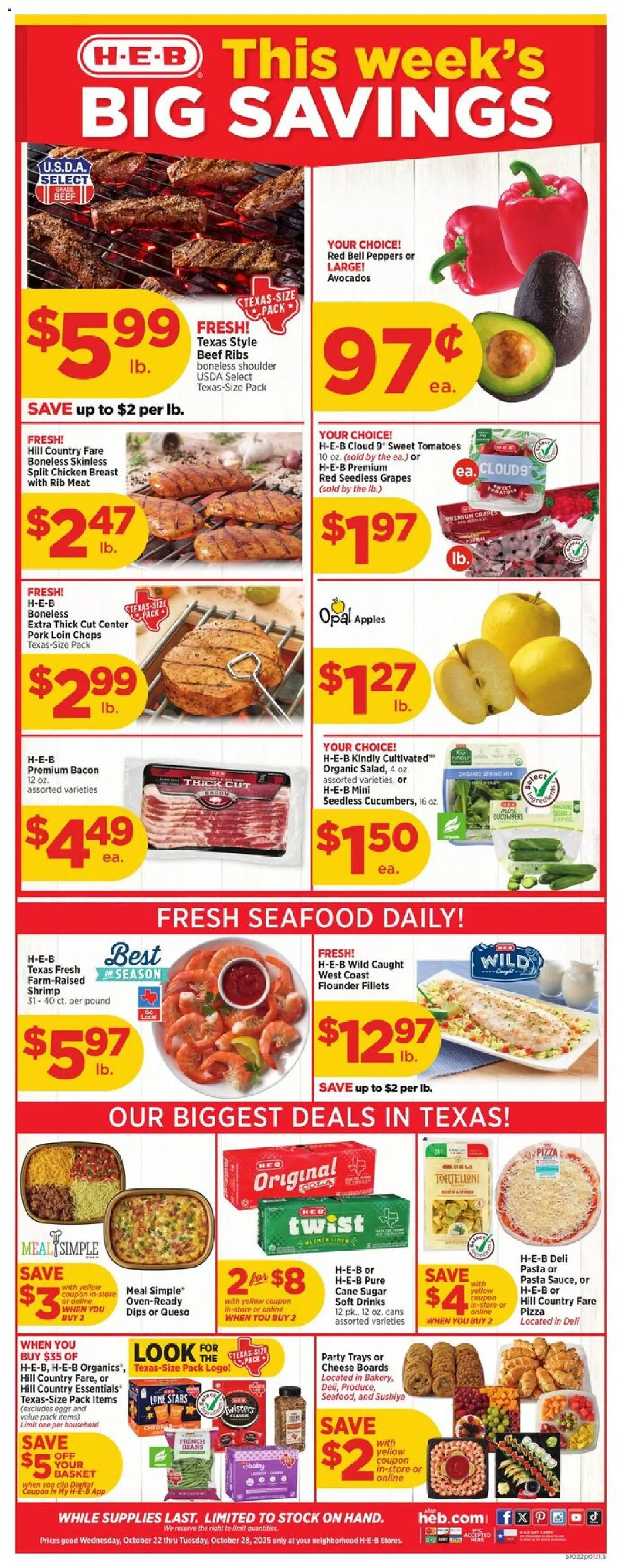 H-E-B Weekly Ad - valid from 22.10.2025 | Page: 1 | Products: Peppers, Basket, Pasta, Grapes