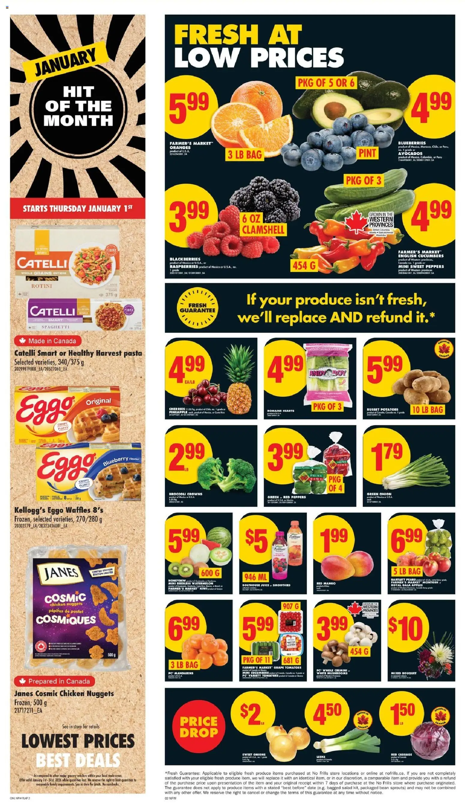 No Frills flyer valid from 01.01.2026 | Page: 2 | Products: Pineapple, Pasta, Oranges, Tomatoes