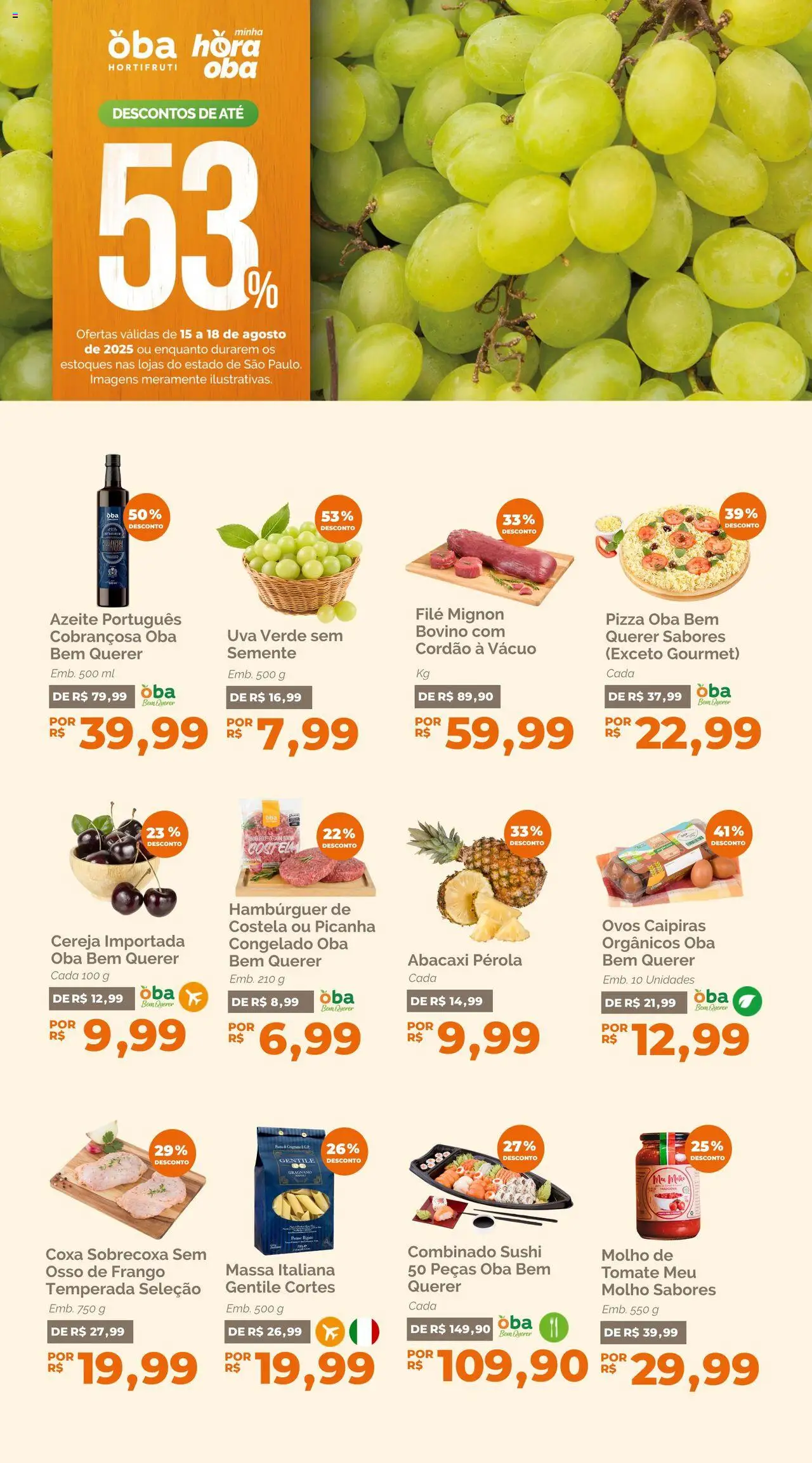 Oba Hortifruti Folheto - válido de 15.08.2025 | Página: 1 | Produtos: Filé mignon, Pizza, Hambúrguer, Azeite