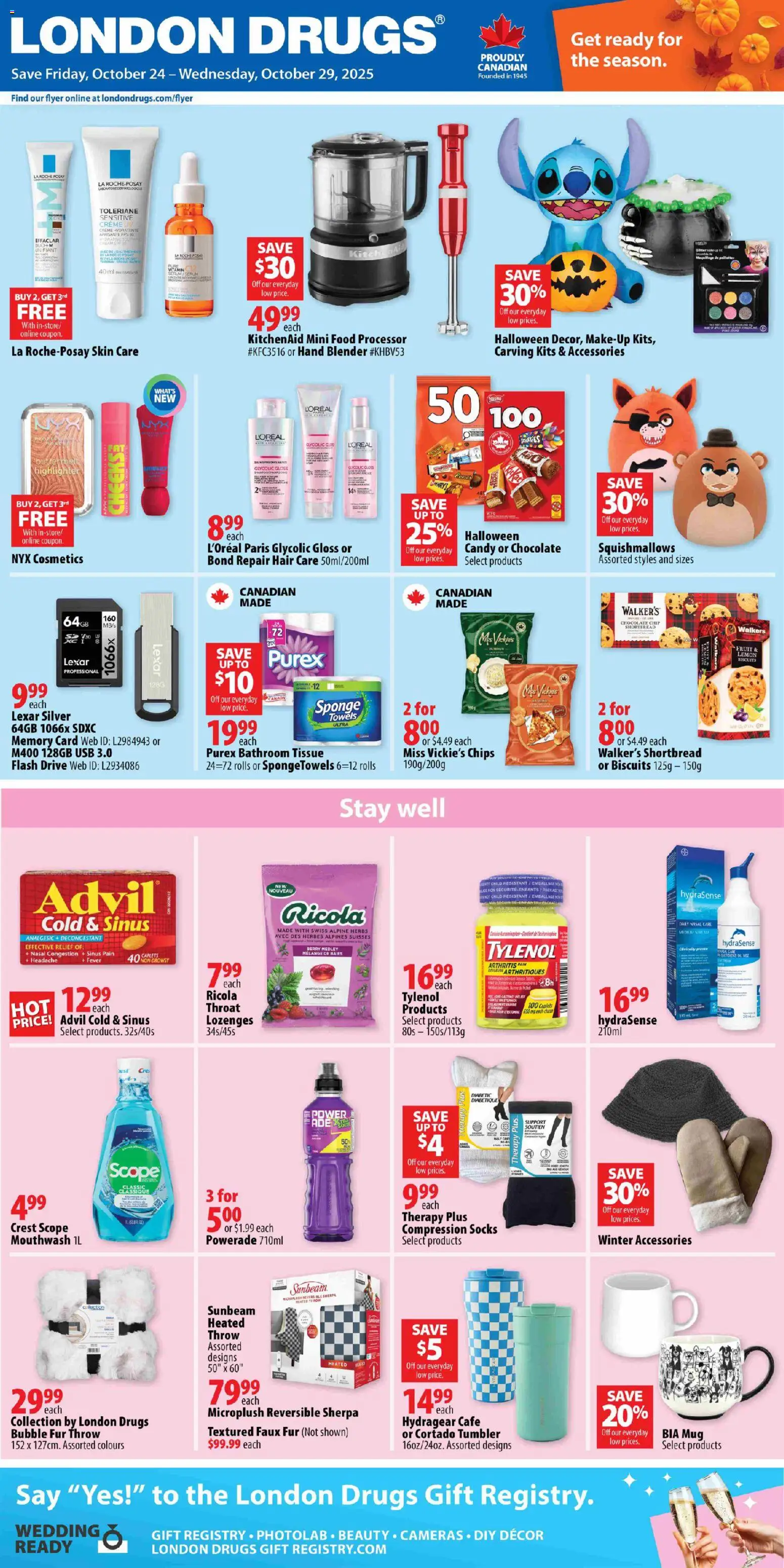 London Drugs flyer valid from 23.10.2025 | Page: 1 | Products: Chips, Sponge, Mouthwash, Socks