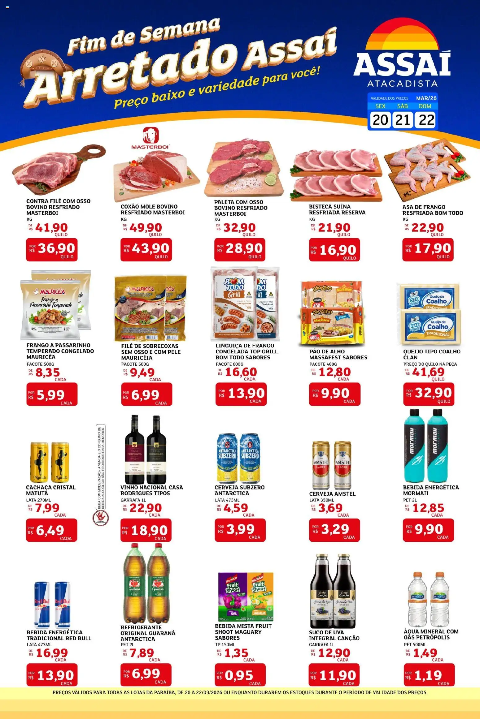 Assaí Atacadista Folheto - válido de 20.03.2026 | Página: 1 | Produtos: Pao de alho, Contra filé, Queijo, Cerveja