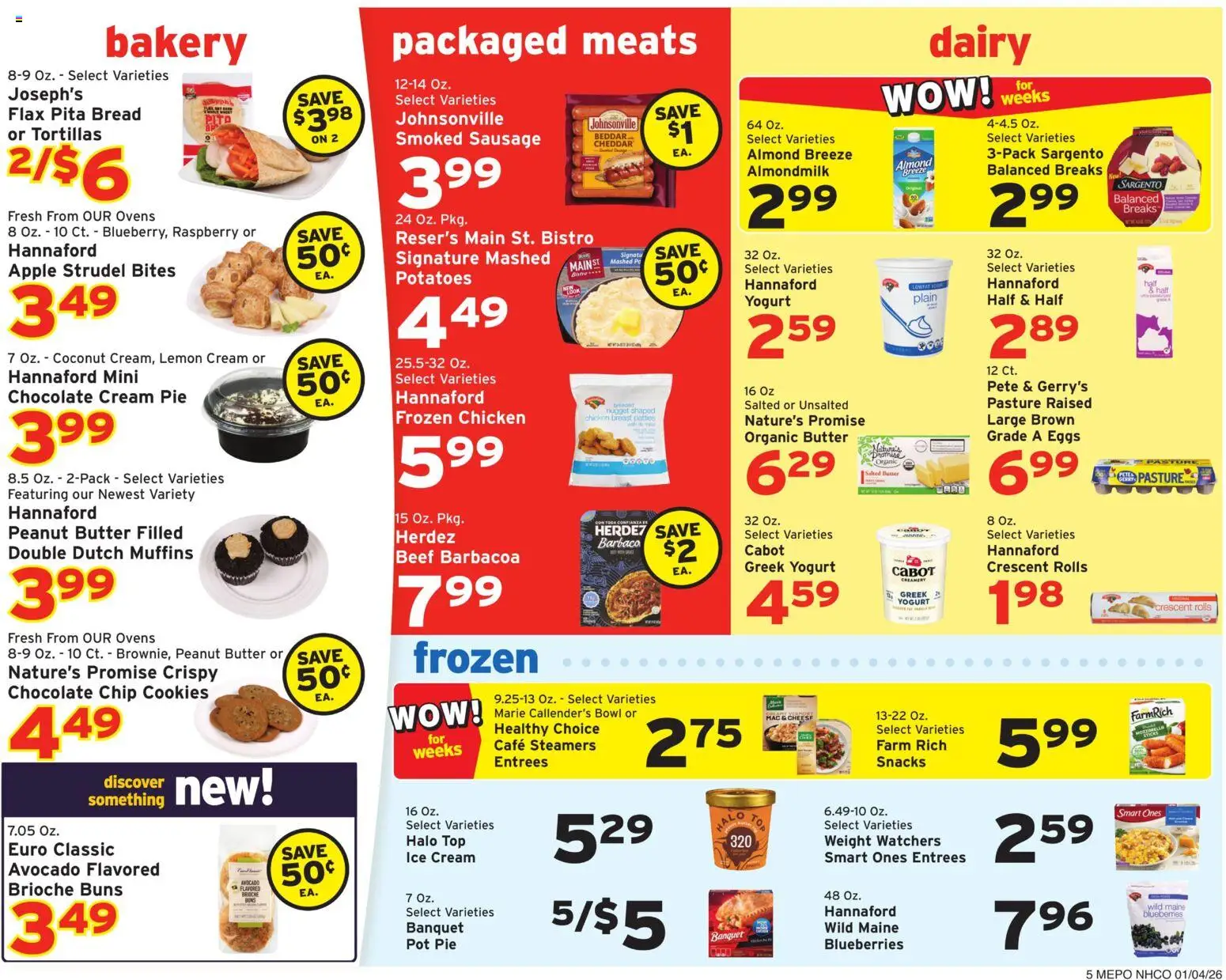 Hannaford Weekly Ad - valid from 04.01.2026 | Page: 5 | Products: Yogurt, Potatoes, Sausage, Raspberry
