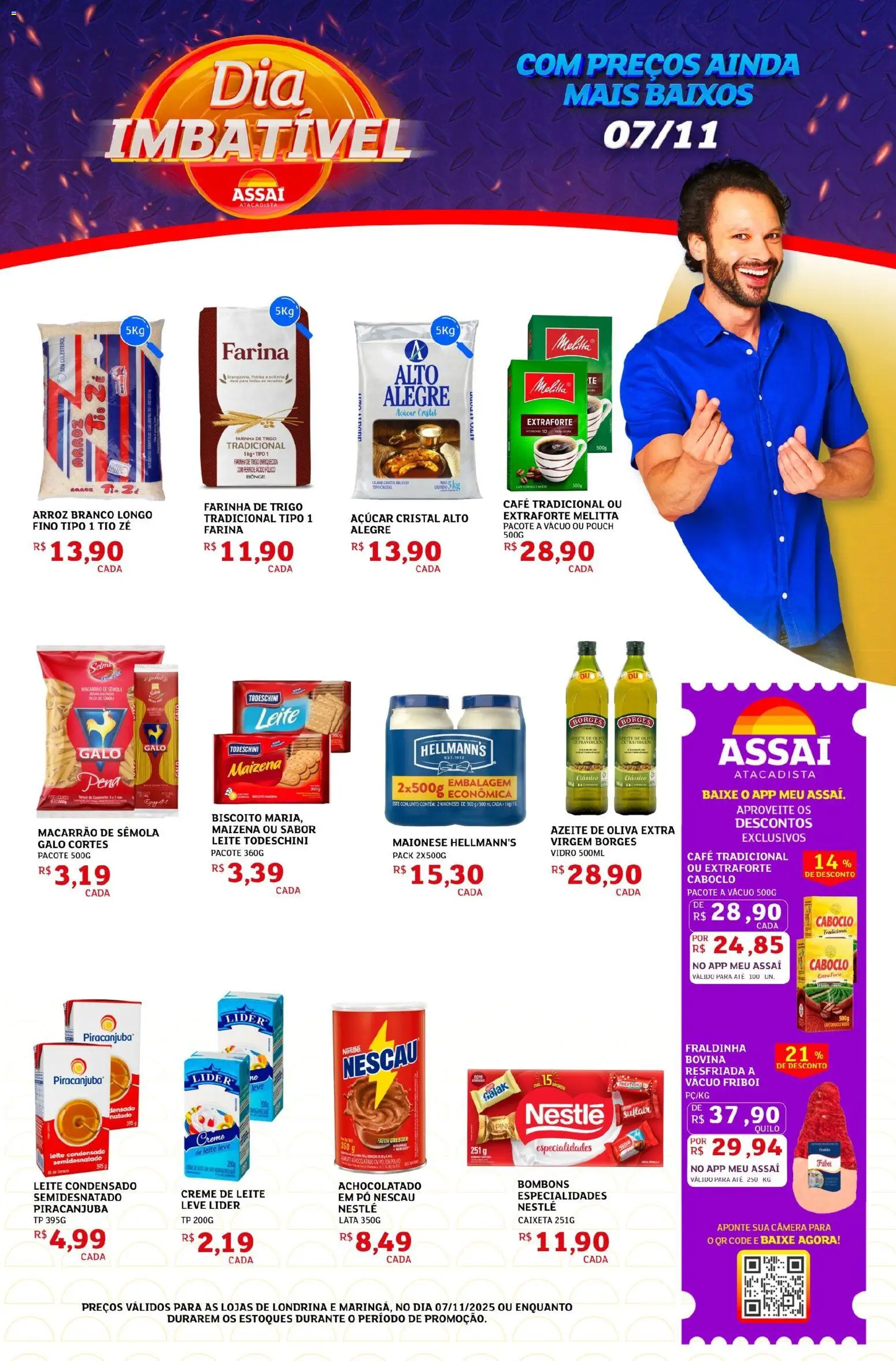 Assaí Atacadista Folheto - válido de 07.11.2025 | Página: 1 | Produtos: Farinha de trigo, Fraldinha, Café, Arroz