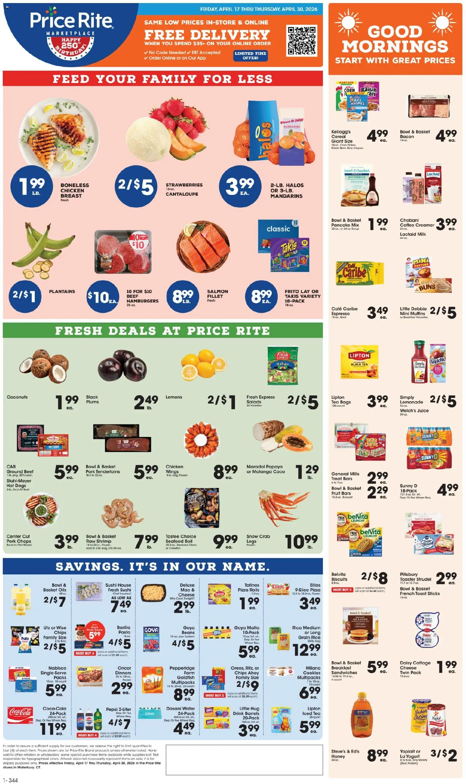 Price Rite Weekly Ad - valid from 17.04.2026 | Page: 1 | Products: Corn, Pizza, Chips, Seafood