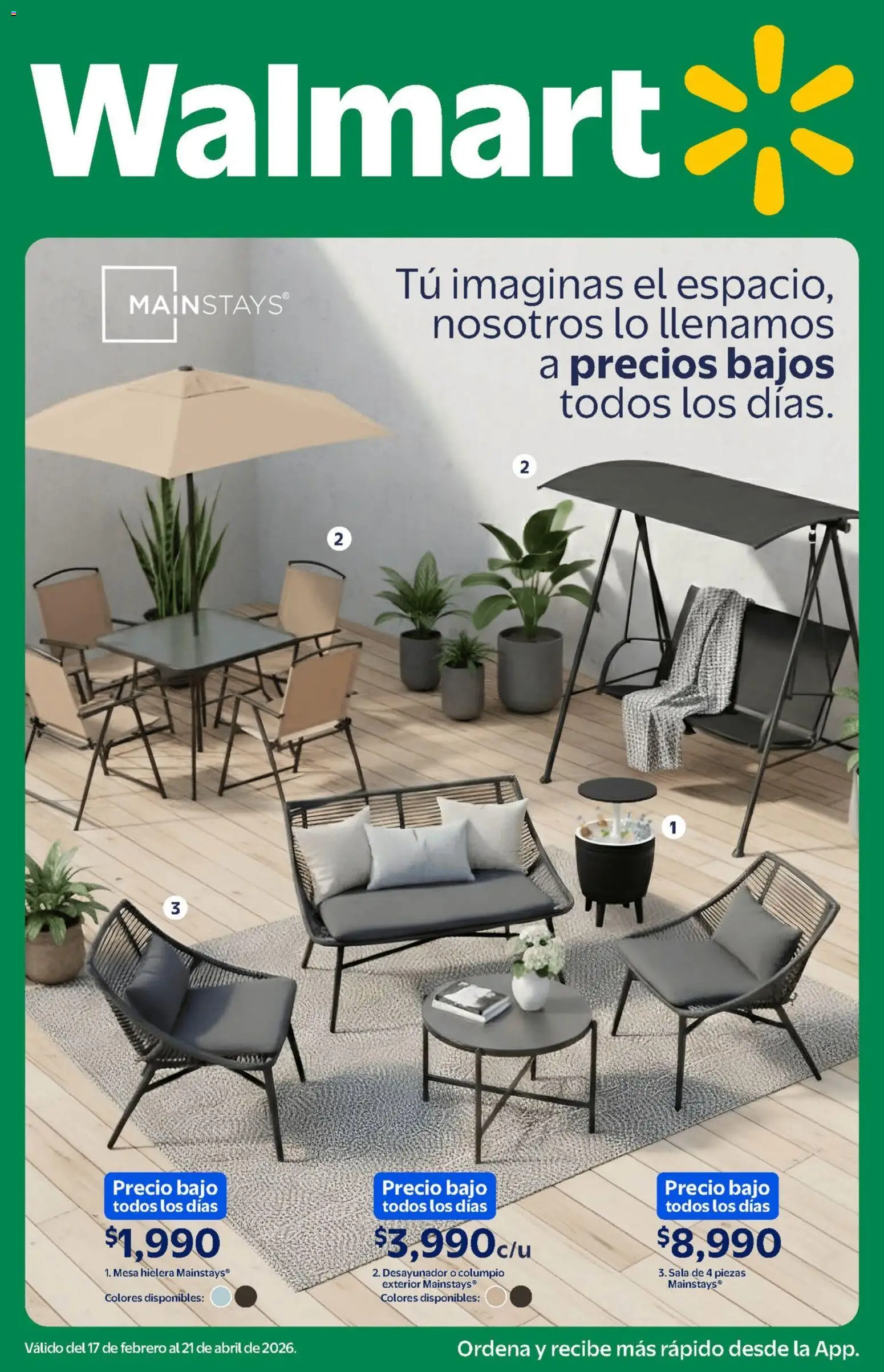 Nuevas ofertas de Walmart válidas en toda la República Mexicana desde el 17.02.2026. ¡Encuentra las mejores ofertas en Walmart catálogo Precios bajos! | Página: 1 | Productos: Columpio, Hielera, Mesa, Desayunador