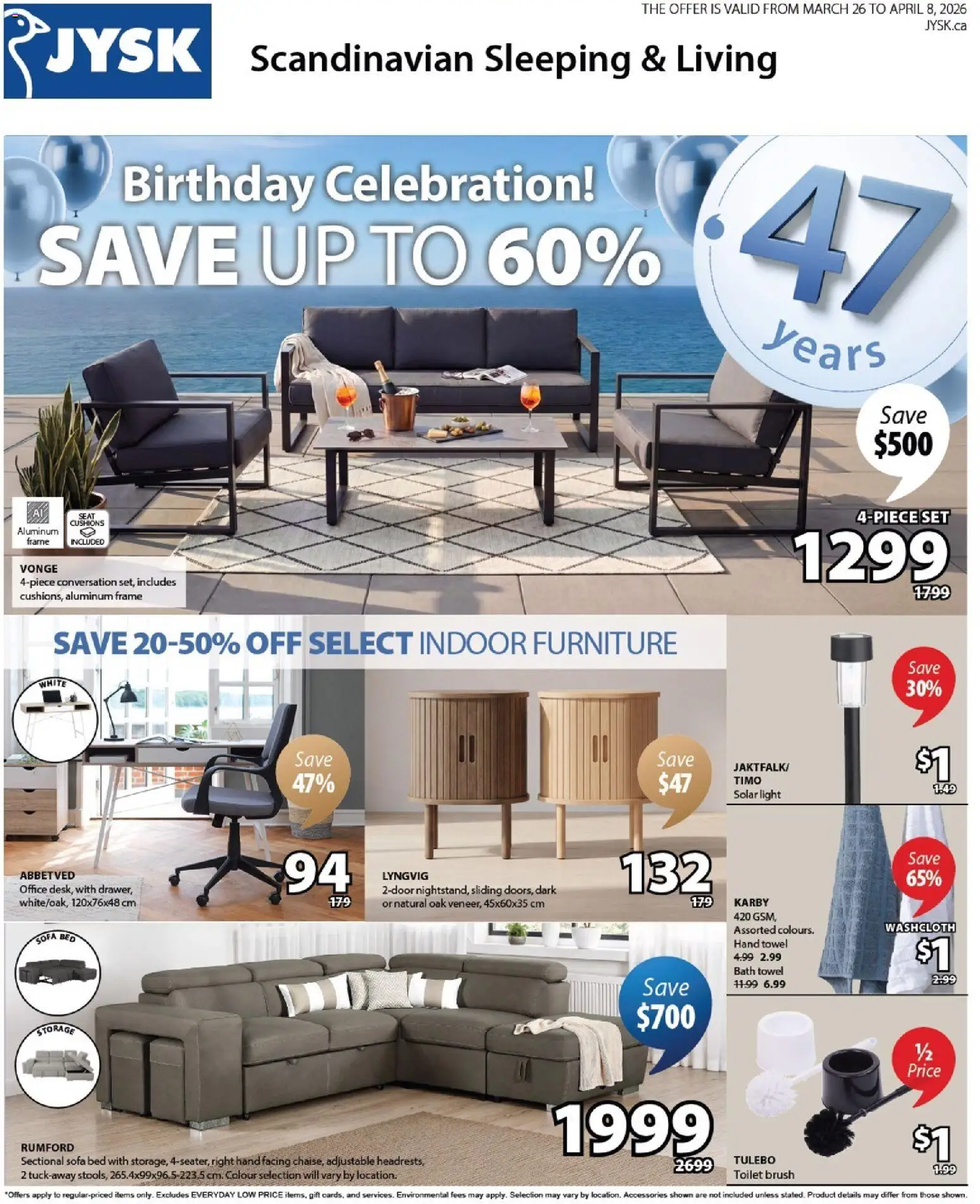 JYSK flyer valid from 26.03.2026 | Page: 1 | Products: Brush, Bed, Sofa, Bath