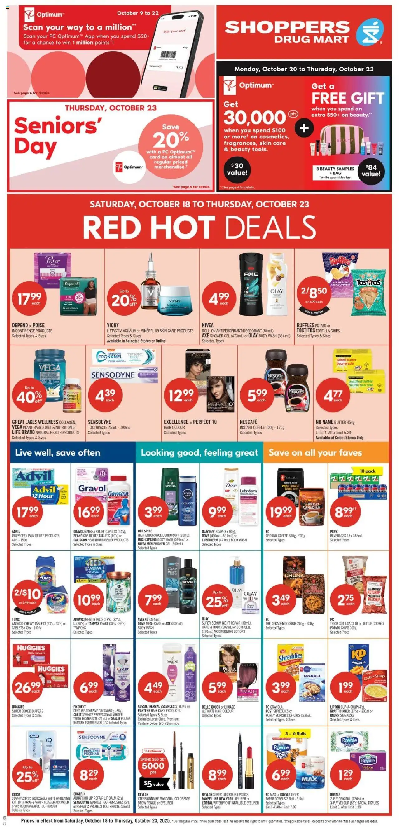 Shoppers flyer valid from 18.10.2025 | Page: 3 | Products: Chips, PC, Deodorant, Shower