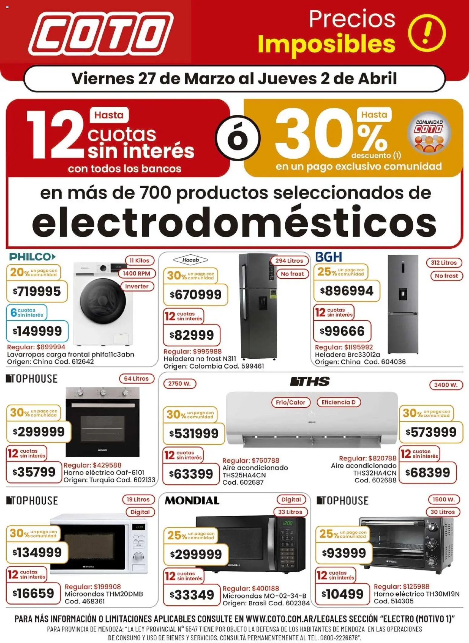 Coto - Electro Motivo C │ válido desde el 27.03.2026 | Página: 1 | Productos: Aire acondicionado, Lavarropas, Heladera, Horno eléctrico