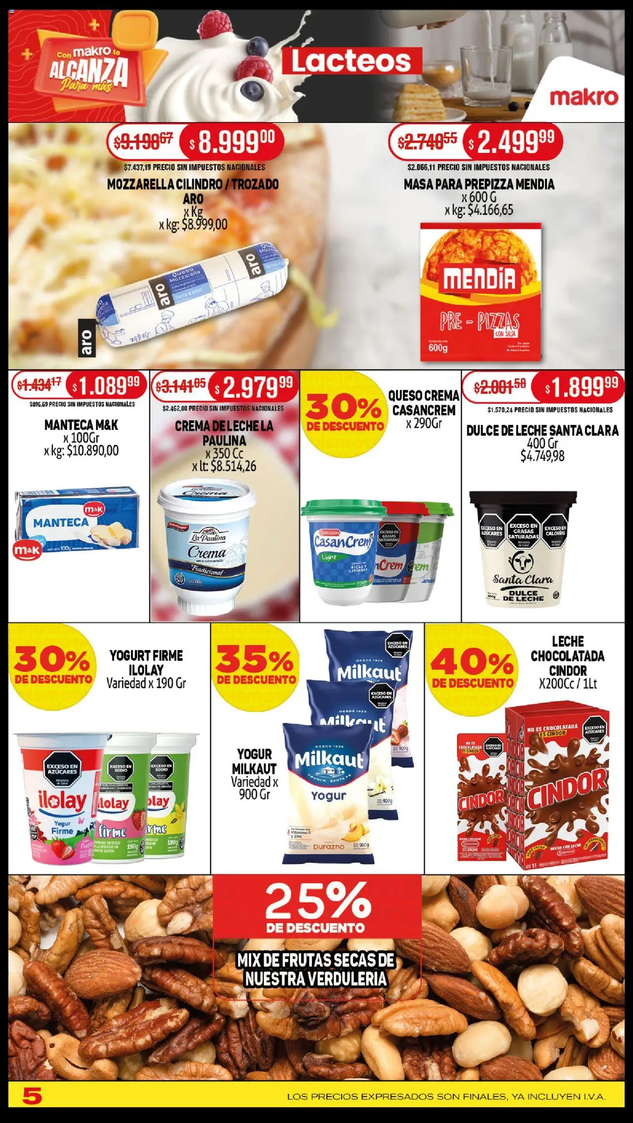 Makro ofertas │ válido desde el 16.10.2025 | Página: 5 | Productos: Durazno, Crema de leche, Dulce de leche, Queso
