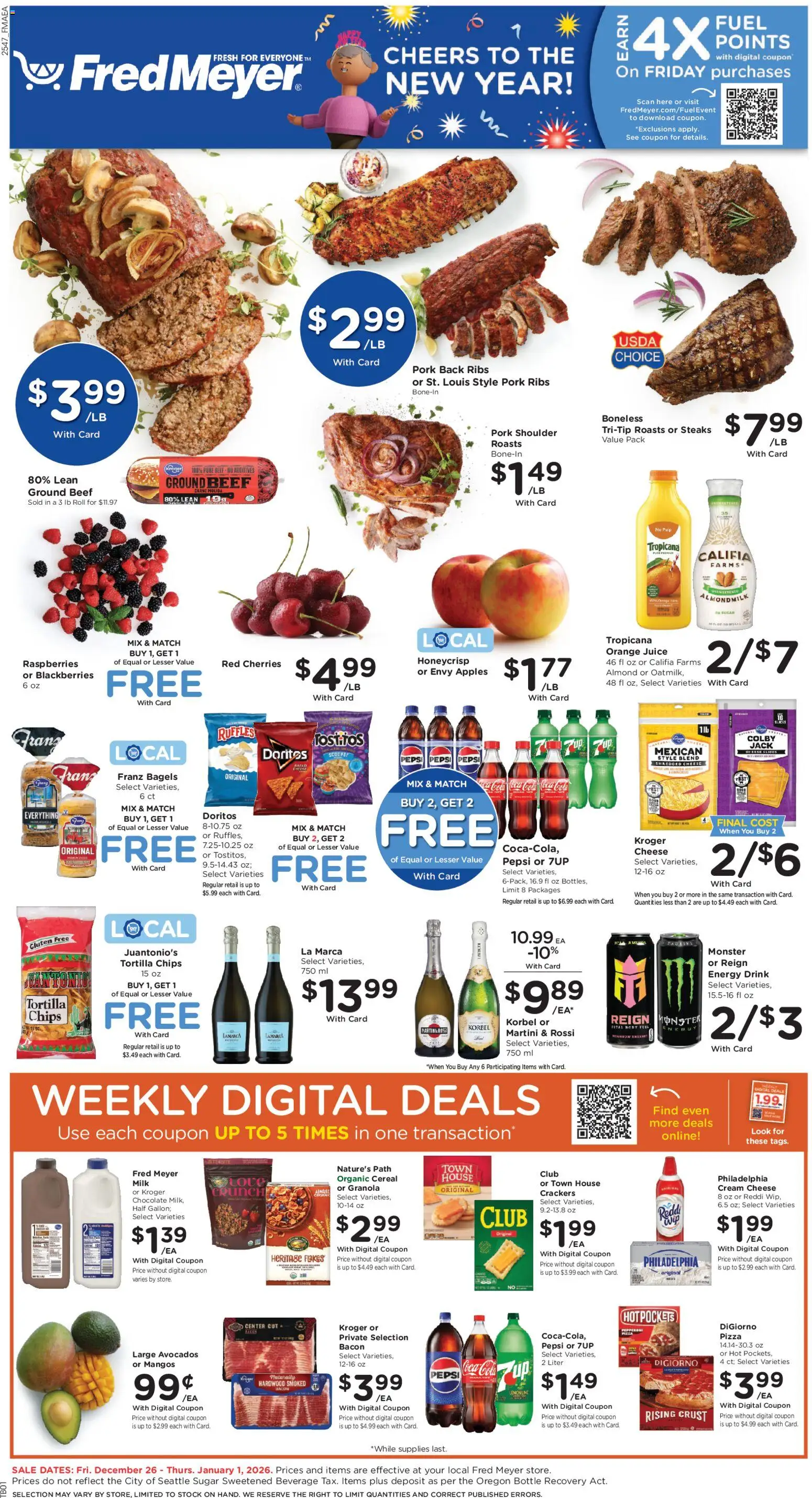 Fred Meyer Weekly Ad - valid from 26.12.2025 | Page: 1 | Products: Chocolate, Pizza, Pork, Sugar