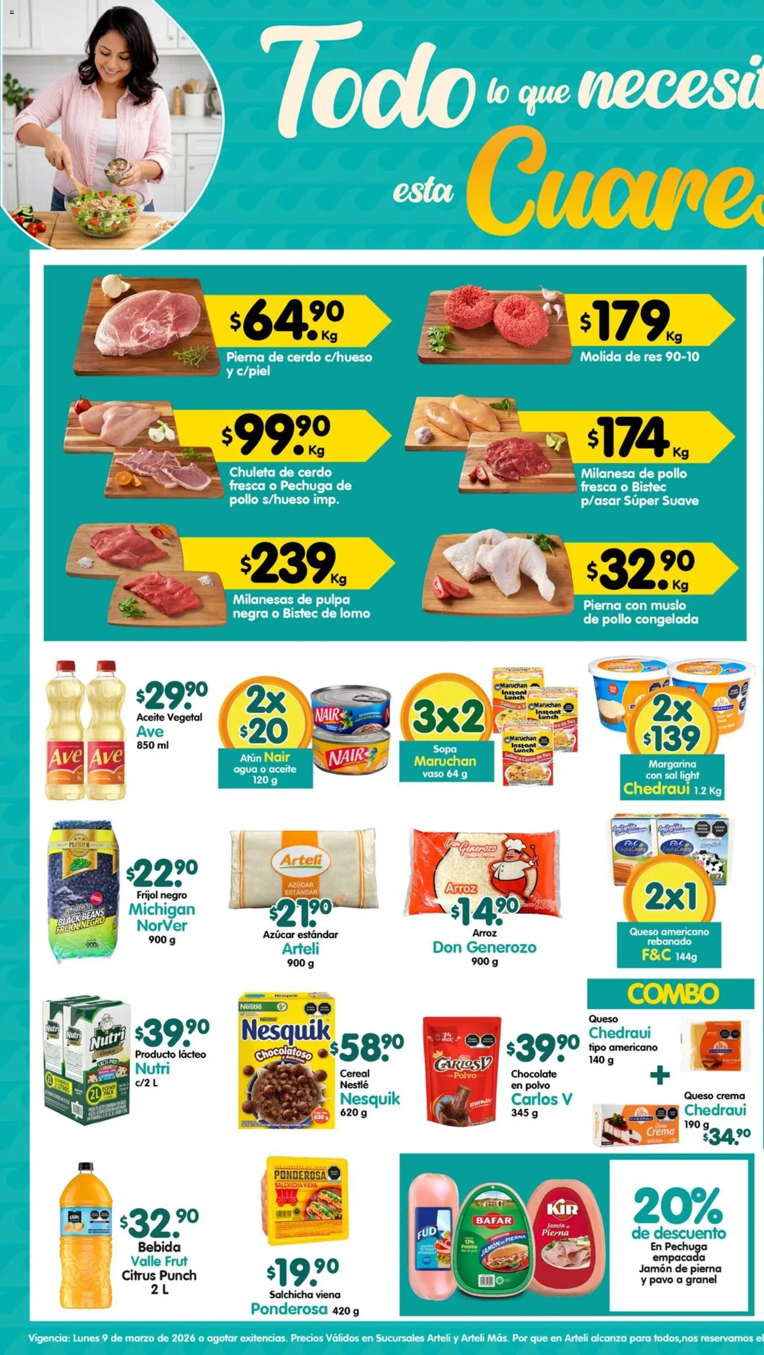 Nuevas ofertas de Arteli válidas en toda la República Mexicana desde el 09.03.2026. ¡Encuentra las mejores ofertas en Arteli folleto! | Página: 1 | Productos: Salchicha, Atún, Aceite, Arroz