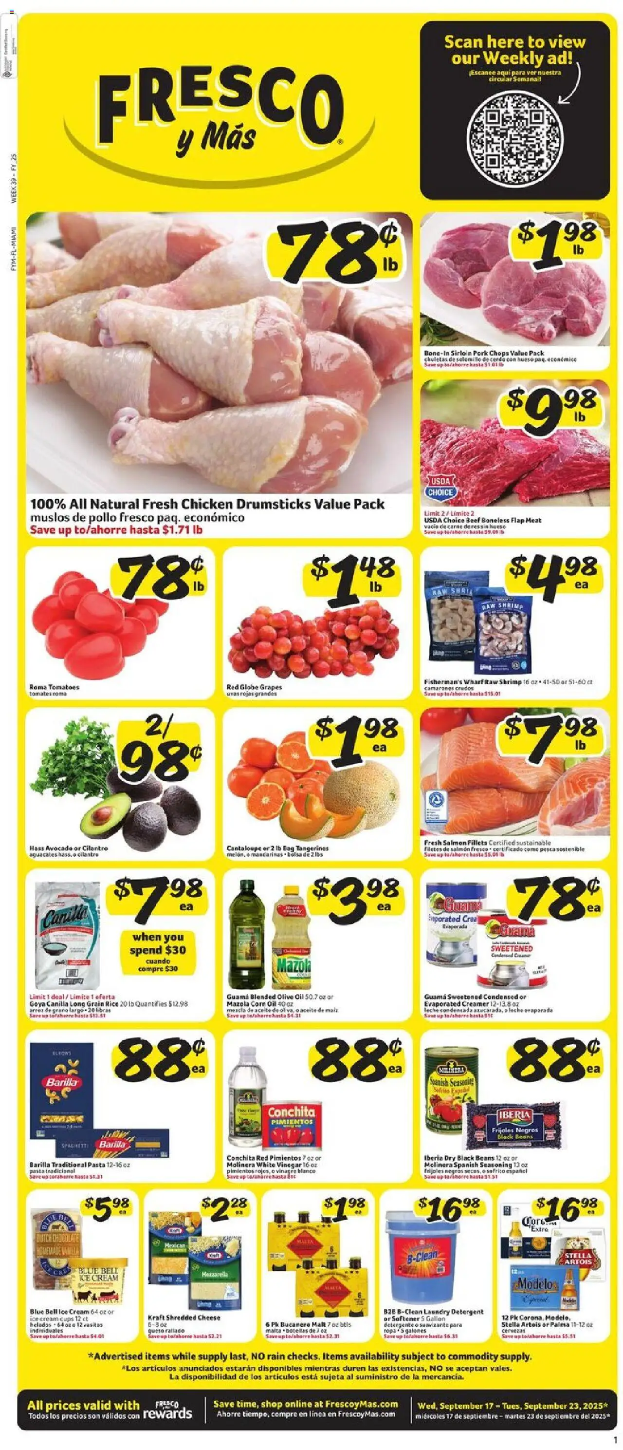 Fresco y Más Weekly Ad - valid from 17.09.2025 | Page: 1 | Products: Corn, Cream, Grapes, Bag