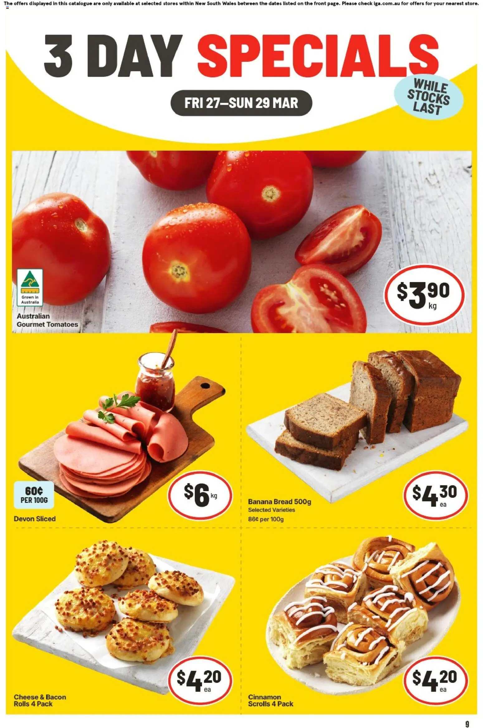 IGA catalogue - valid from 27.03.2026 | Page: 1 | Products: Bacon, Cheese, Bread, Tomatoes