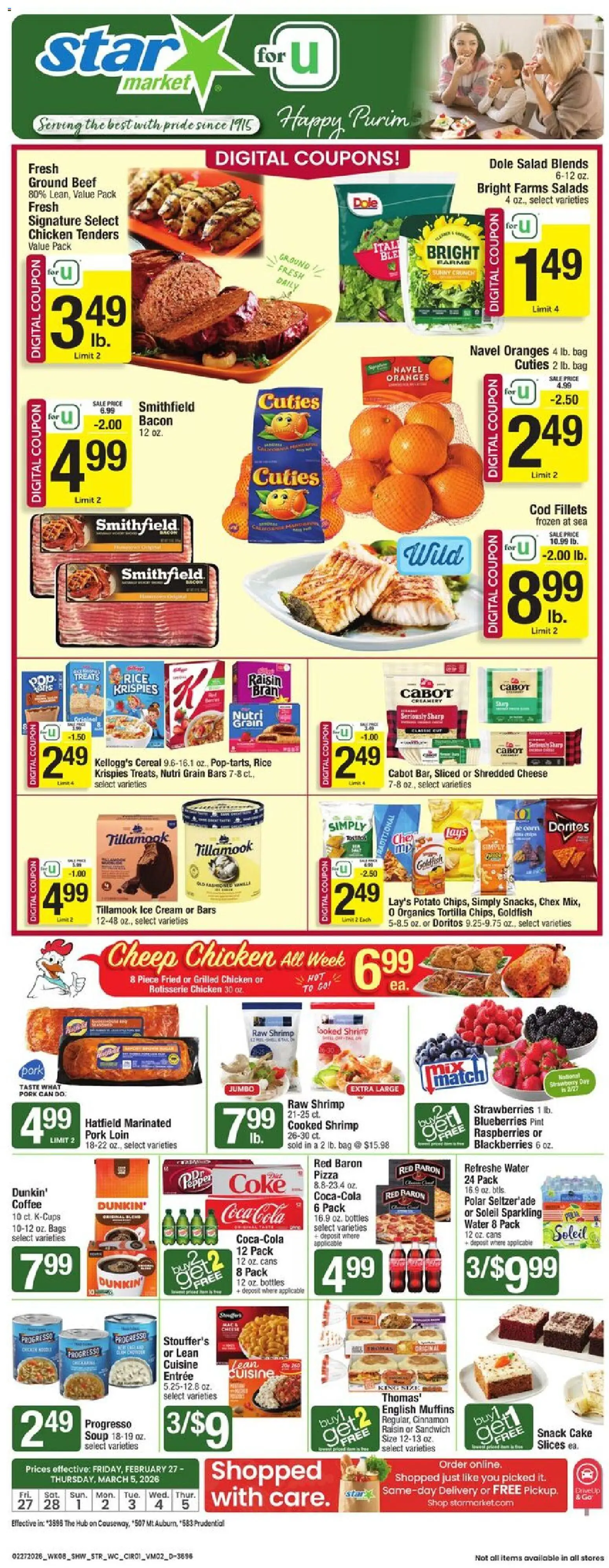 Star Market Weekly Ad - valid from 27.02.2026 | Page: 1 | Products: Pork, Oranges, Beef, Water