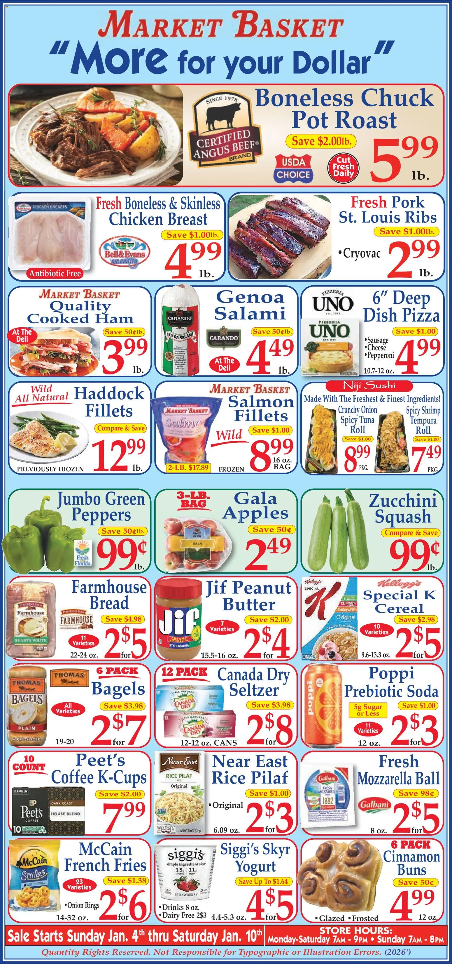 Market Basket Ad - valid from 04.01.2026 | Page: 1 | Products: Squash, Salami, Pork, Sugar