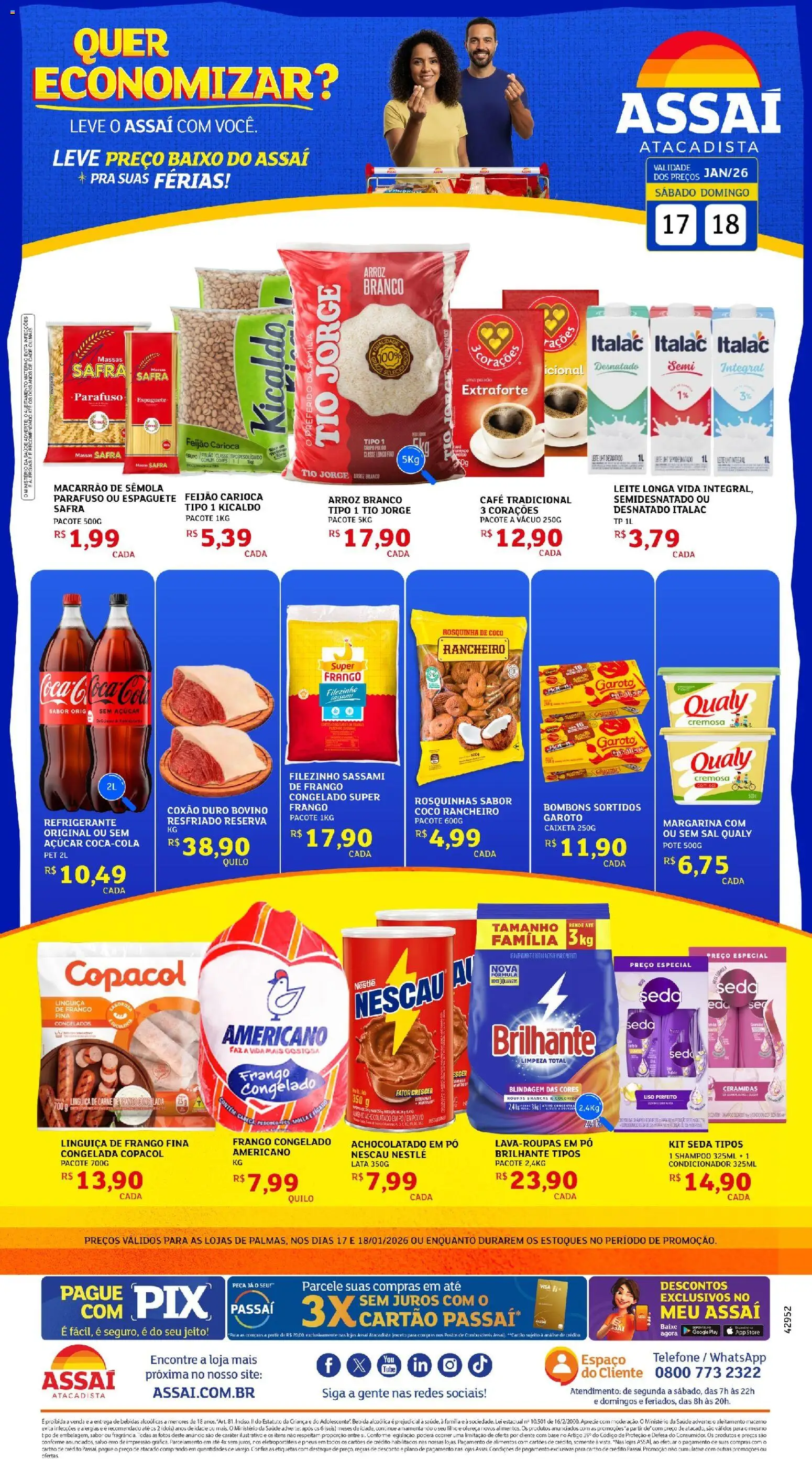 Assaí Atacadista Folheto - válido de 17.01.2026 | Página: 1 | Produtos: Espaguete, Achocolatado, Pneus, Baixo