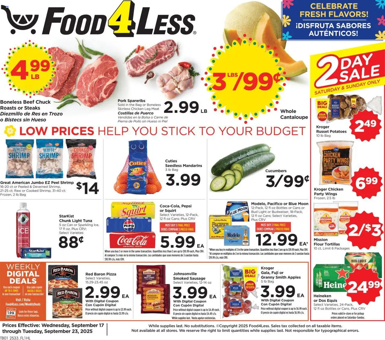 Food 4 Less Weekly Ad - valid from 17.09.2025 | Page: 1 | Products: Mandarins, Pizza, Pork, Beef