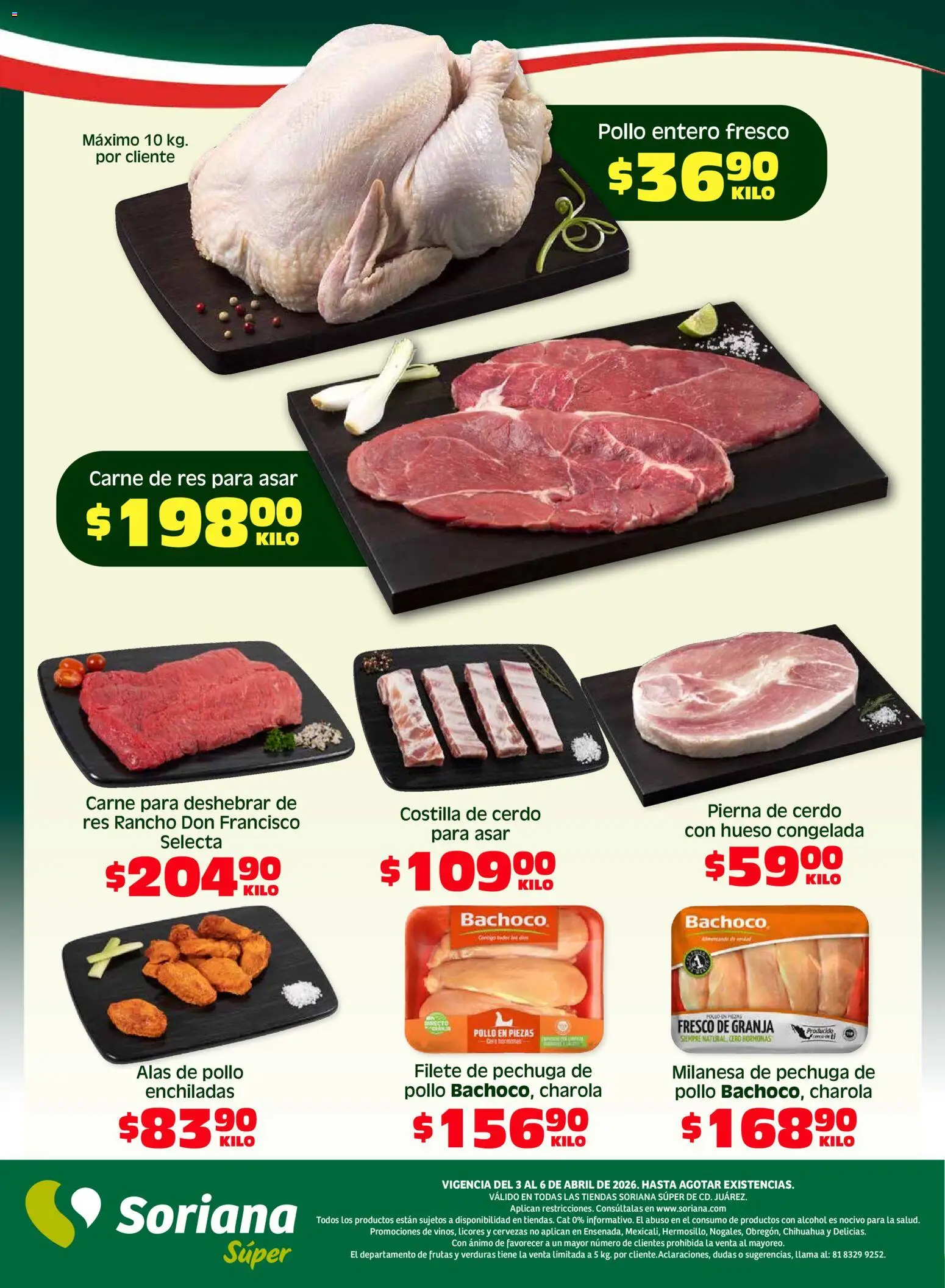 Nuevas ofertas de Soriana válidas en toda la República Mexicana desde el 03.04.2026. ¡Encuentra las mejores ofertas en Soriana Fin de Semana Súper: Juárez! | Página: 6 | Productos: Pollo, Milanesa, Cerdo, Res