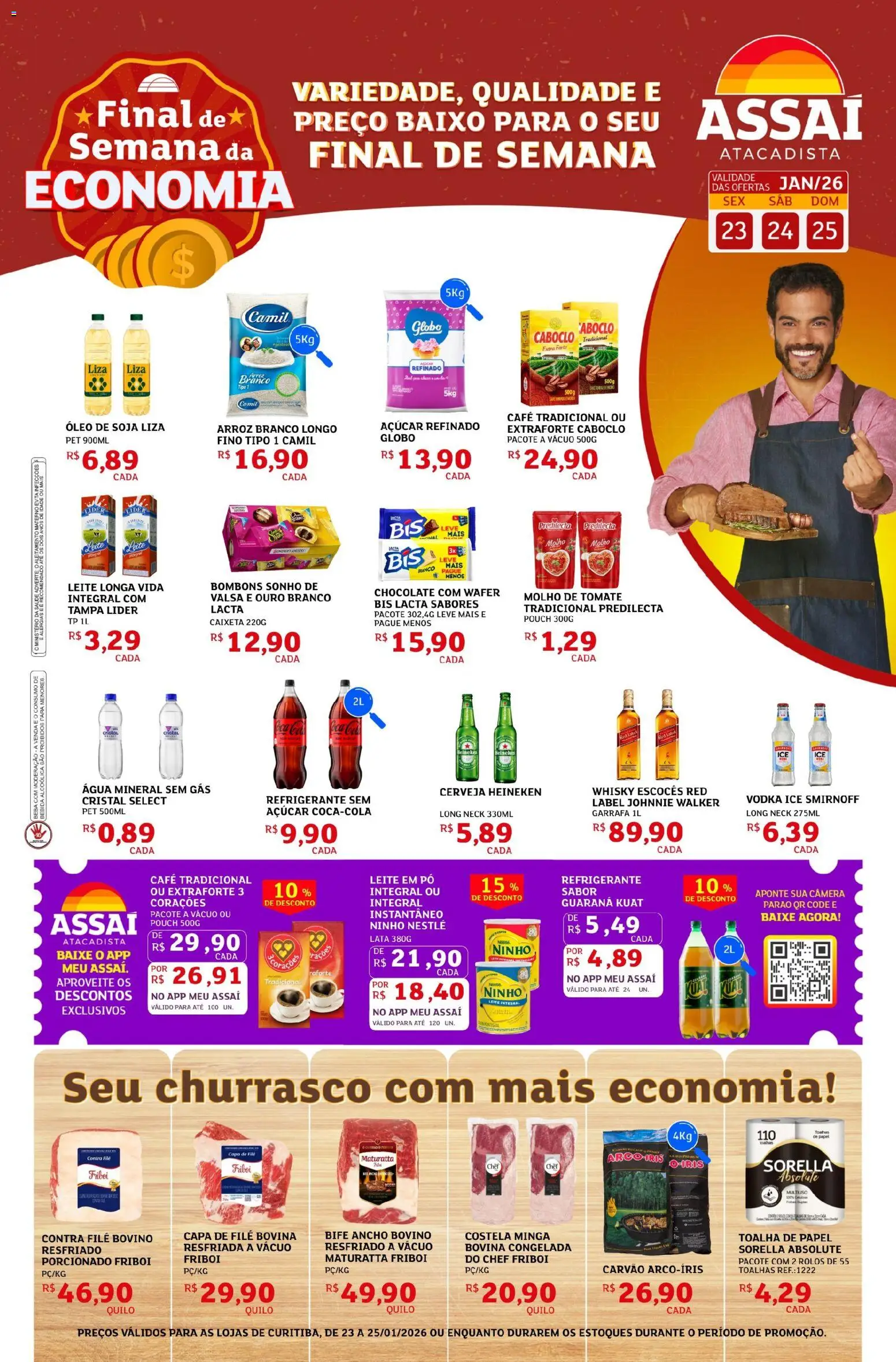 Assaí Atacadista Folheto - válido de 23.01.2026 | Página: 1 | Produtos: Contra filé, Café, Arroz, Leite em pó