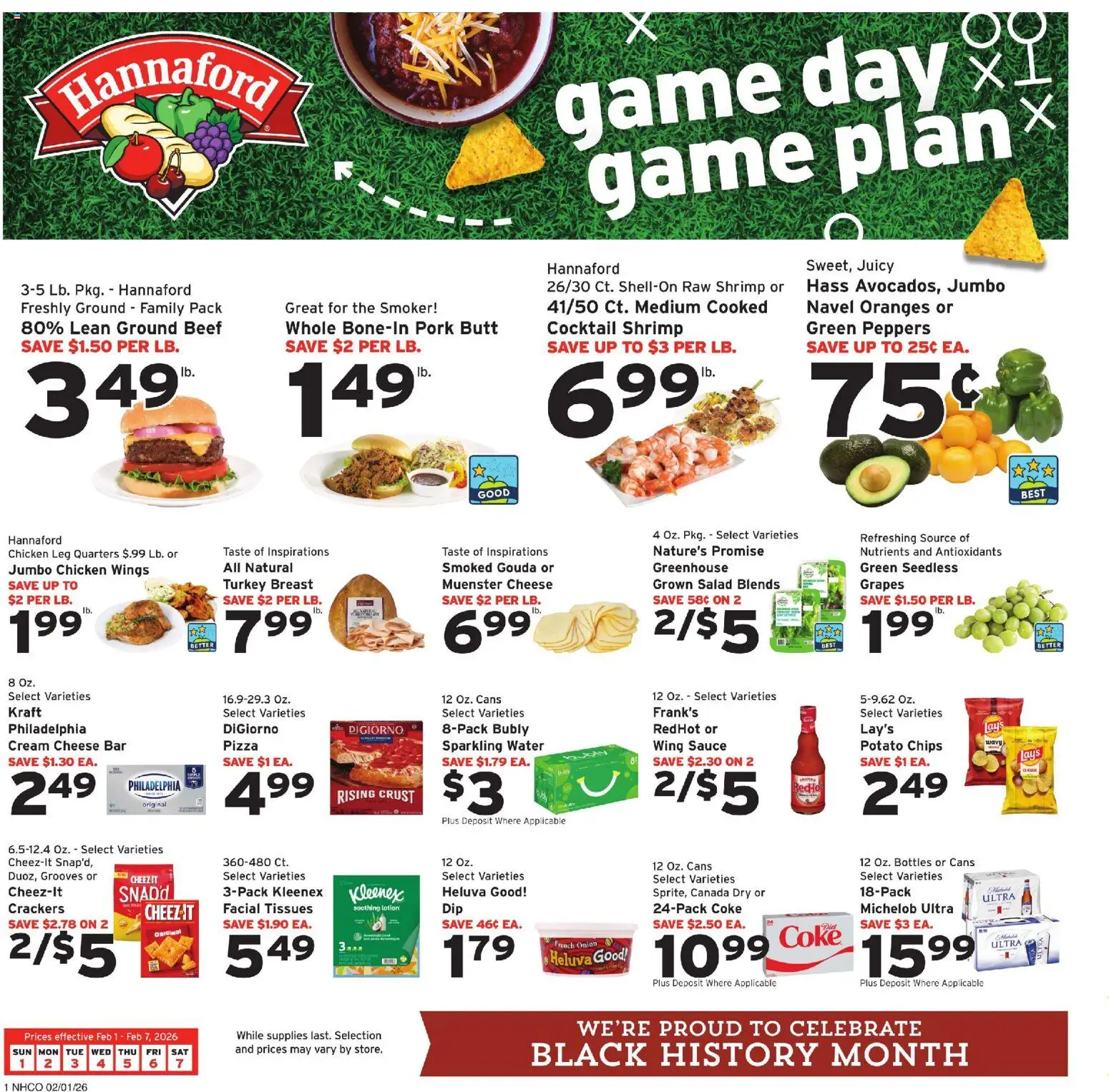 Hannaford Weekly Ad - valid from 01.02.2026 | Page: 1 | Products: Oranges, Chips, Salad, Grapes