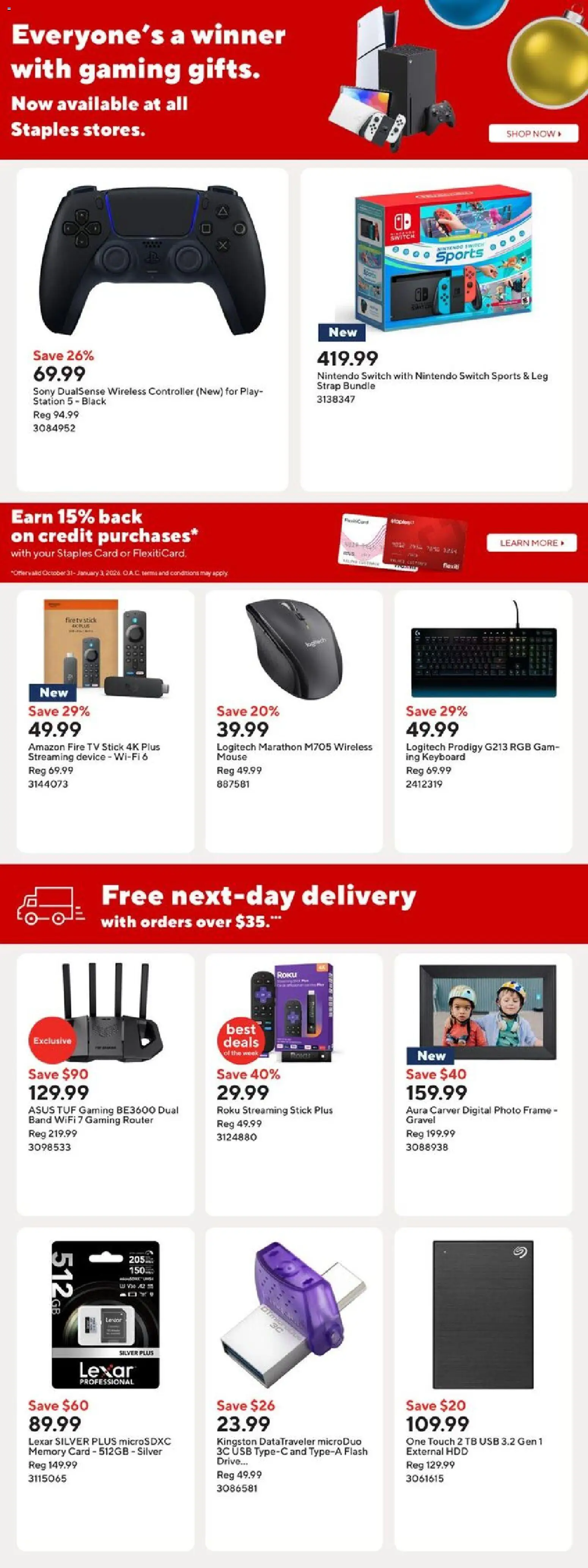 Staples flyer valid from 05.12.2025 | Page: 13 | Products: Mouse, Keyboard, Tv, Memory card