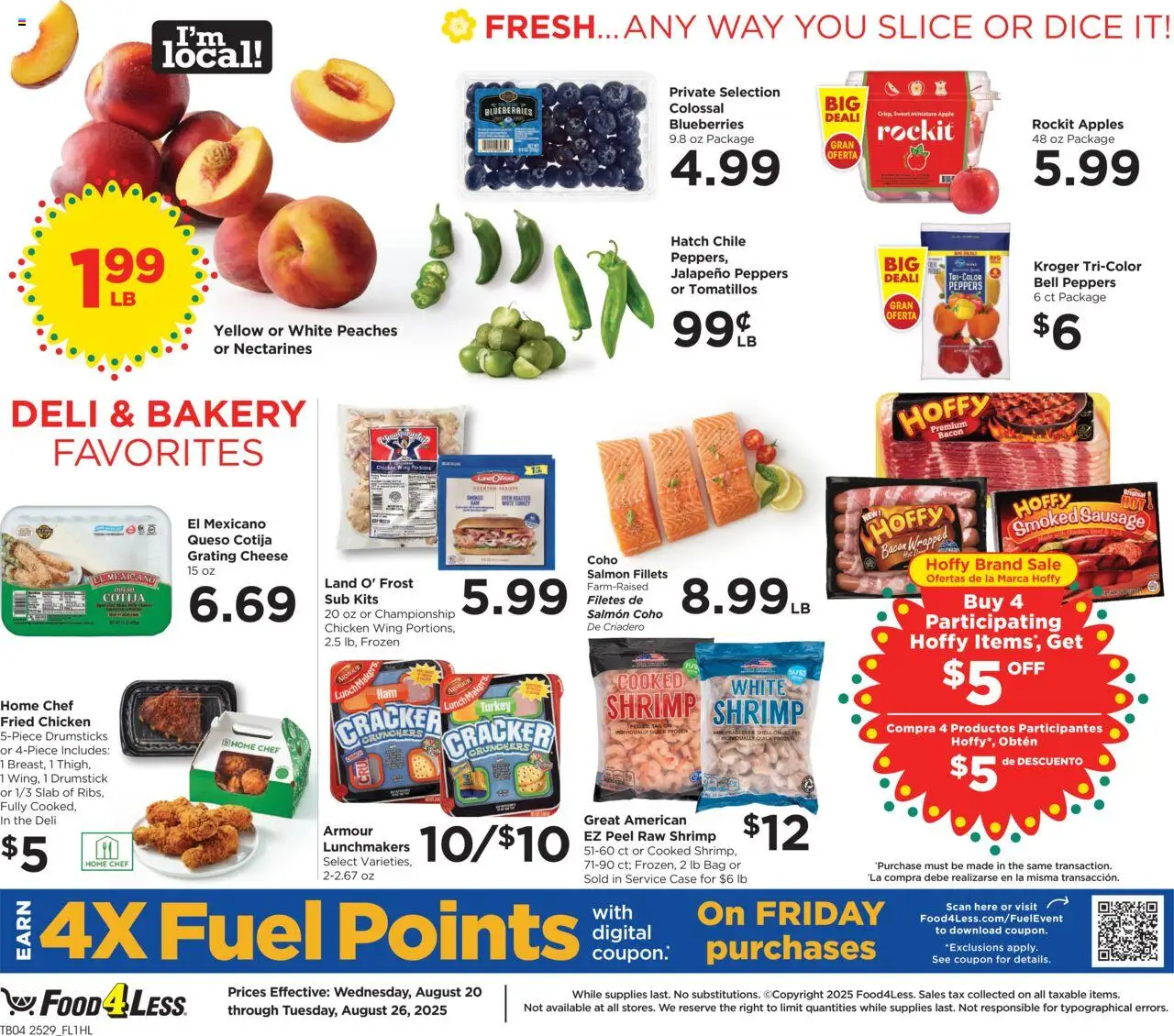 Food 4 Less Weekly Ad - valid from 20.08.2025 | Page: 5 | Products: Peaches, Peppers, Sausage, Blueberries