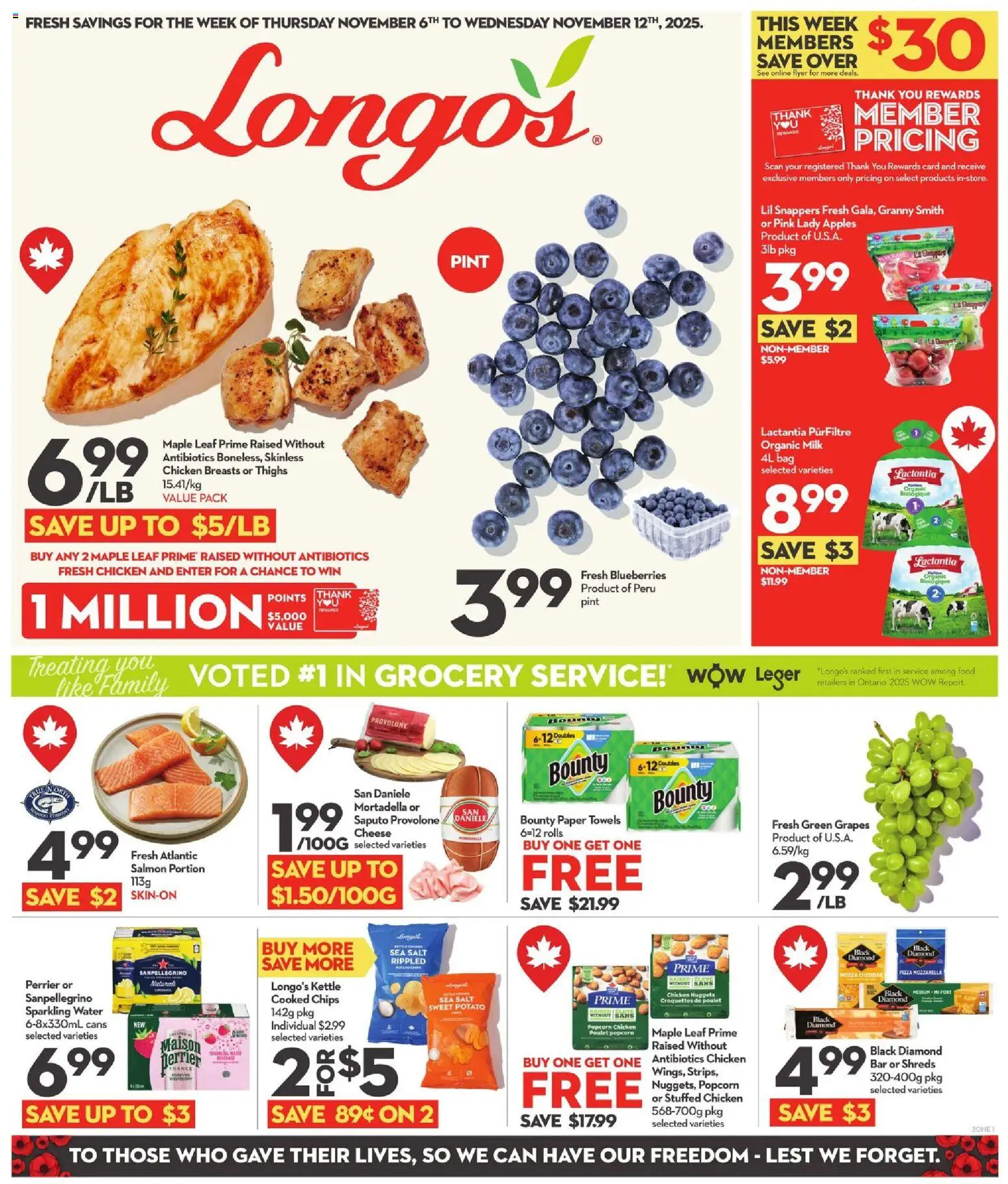 Longo's flyer valid from 06.11.2025 | Page: 1 | Products: Chicken breasts, Bag, Kettle, Pizza