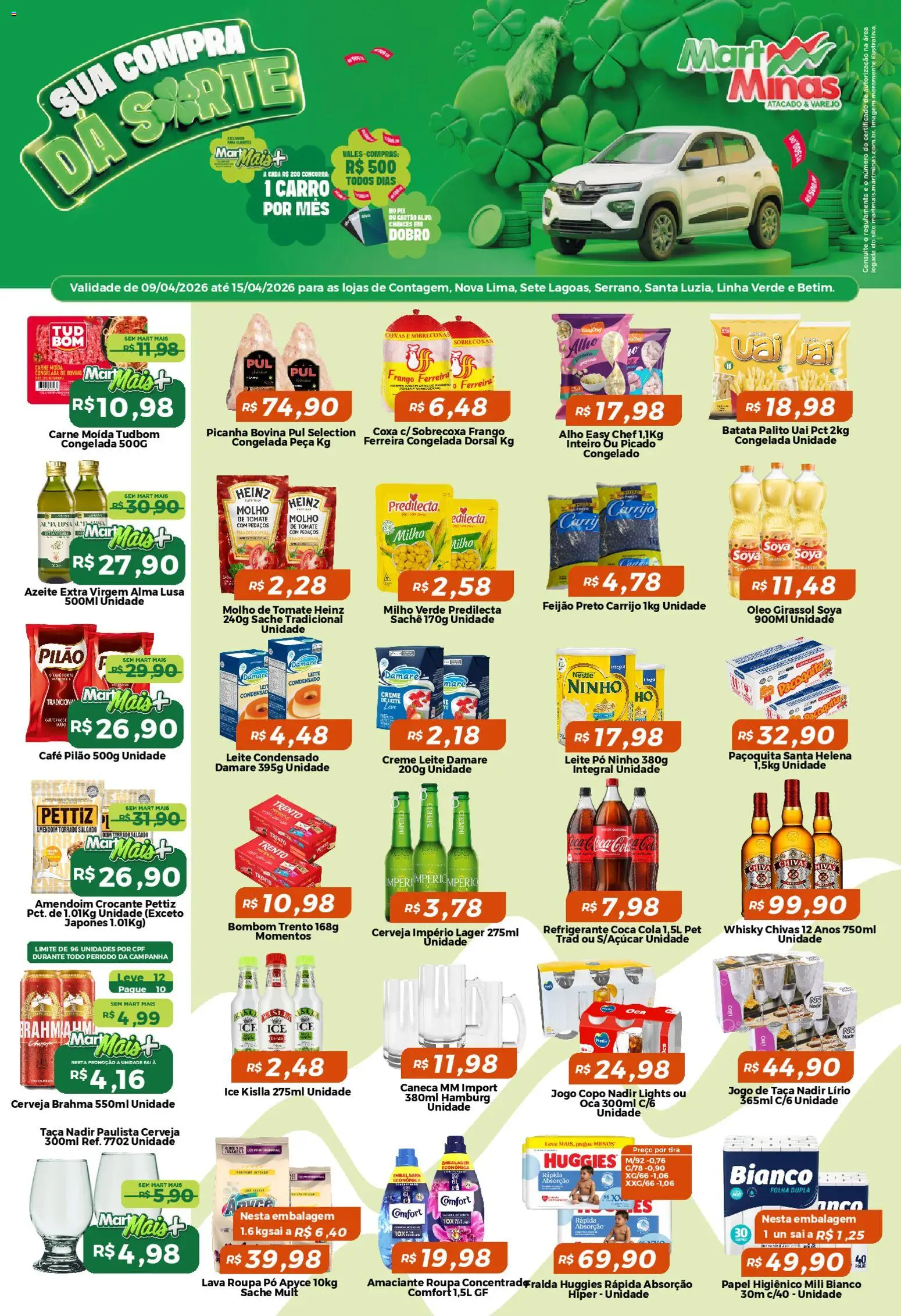 Mart Minas Folheto - válido de 09.04.2026 | Página: 1 | Produtos: Leite, Frango, Papel higiênico, Carne moída