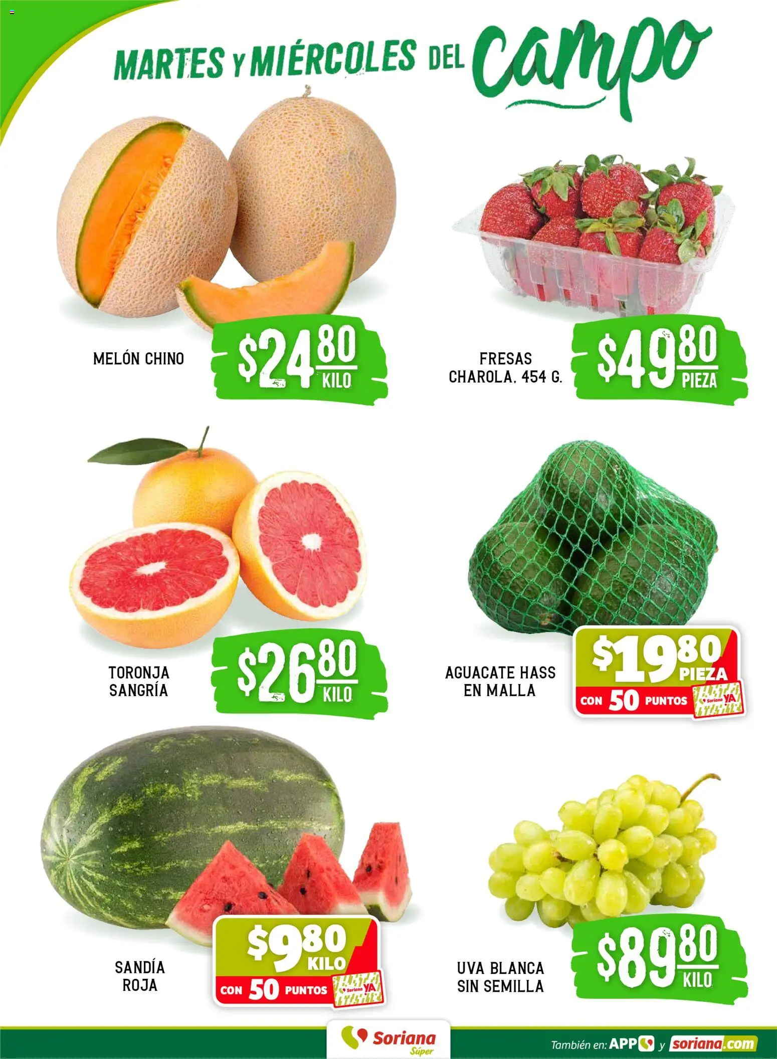 Nuevas ofertas de Soriana válidas en toda la República Mexicana desde el 21.04.2026. ¡Encuentra las mejores ofertas en Soriana Martes y Miércoles del Campo Súper: Nuevo León, Ciudad Victoria y Tampico! | Página: 2 | Productos: Toronja, Uva, Fresas, Malla