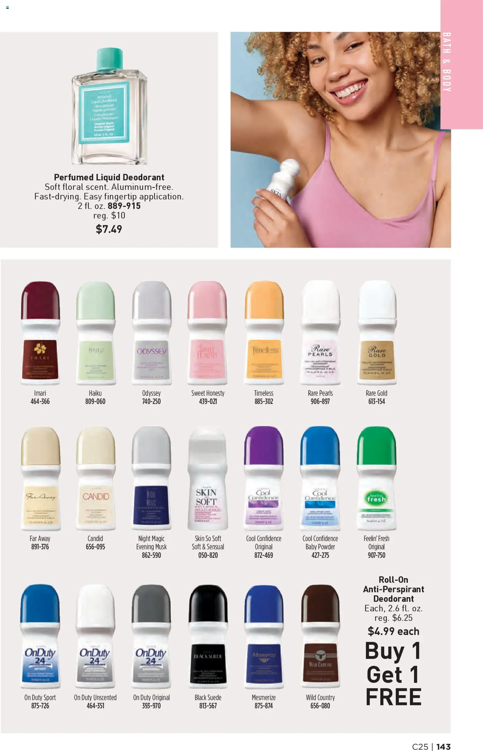 Avon Brochure - valid from 03.12.2025 | Page: 143 | Products: Bath, Powder, Deodorant, Antiperspirant