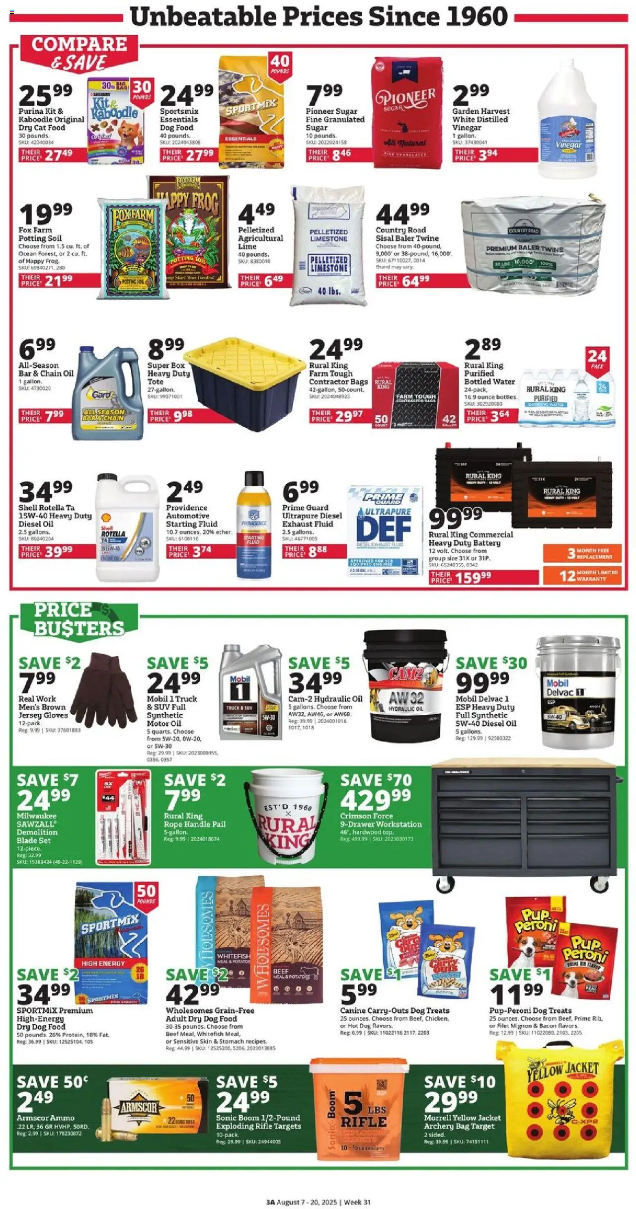 Rural King Weekly Ad - valid from 07.08.2025 | Page: 3 | Products: Battery, Cat Food, Potatoes, Lime