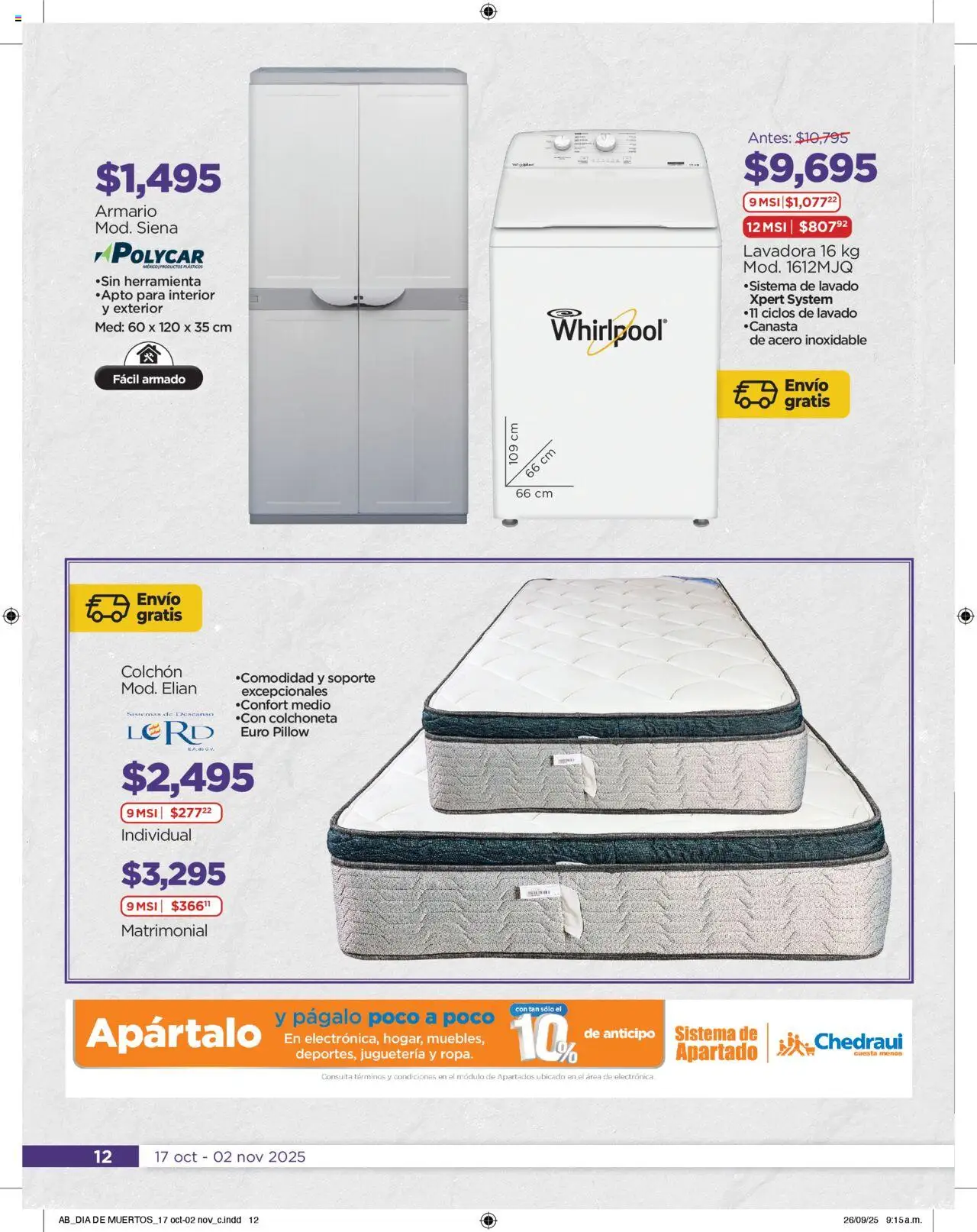 Nuevas ofertas de Chedraui válidas en toda la República Mexicana desde el 17.10.2025. ¡Encuentra las mejores ofertas en Chedraui folleto! | Página: 12 | Productos: Colchoneta, Lavadora, Colchón, Canasta