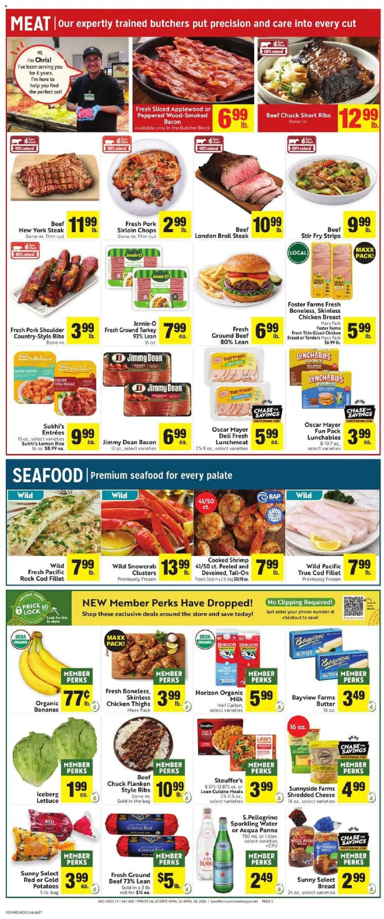 Save Mart Weekly - CA - valid from 22.04.2026 | Page: 5 | Products: Pork, Water, Seafood, Date