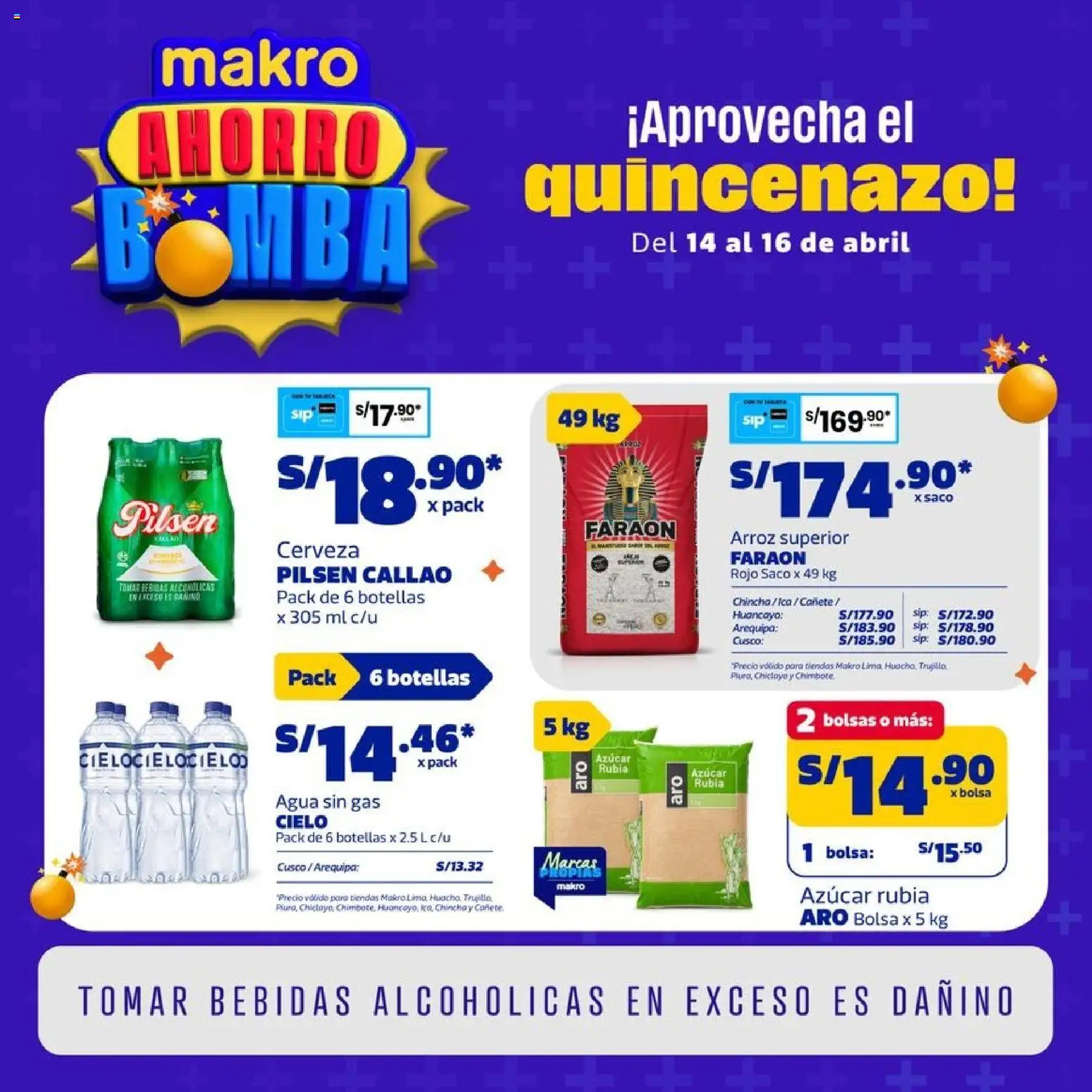 Catálogo Makro válido desde 14.04.2026 | Página: 1 | Productos: Cerveza, Arroz, Saco, Bolsa